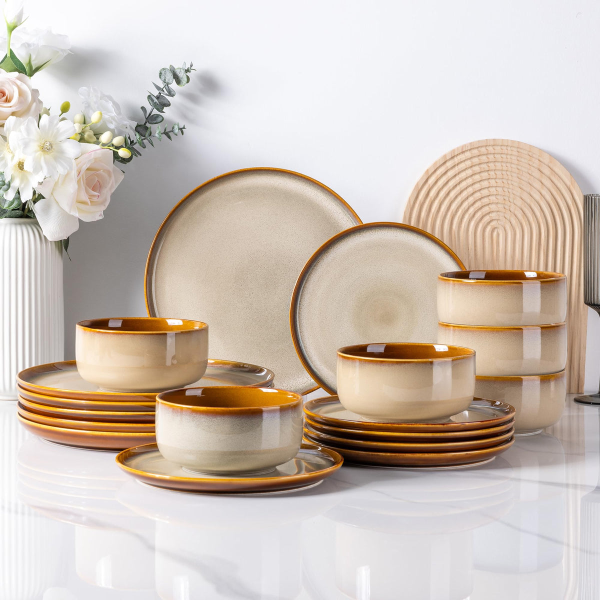 LeRatio Ceramic Dinnerware Sets for 4,12Pcs Porcelain Plates and Bowls Set