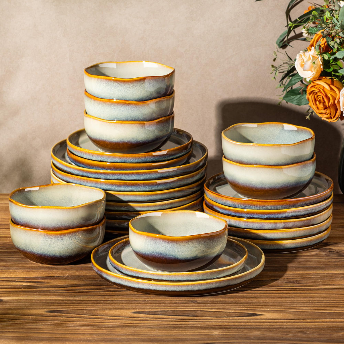 TheTerra Ceramic Dinnerware Set for 4, 12-Piece Plates and Bowls Set