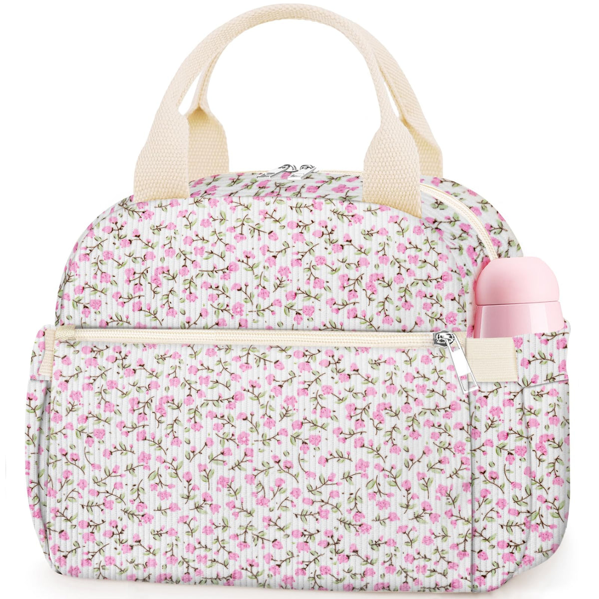 KUBYA Lunch Box for Women, Cute Strawberry Corduroy Insulated Lunch Bag Women Reusable Work Leakproof Simple Adults Large Lunch Boxes Tote Bag Men Cooler Bag