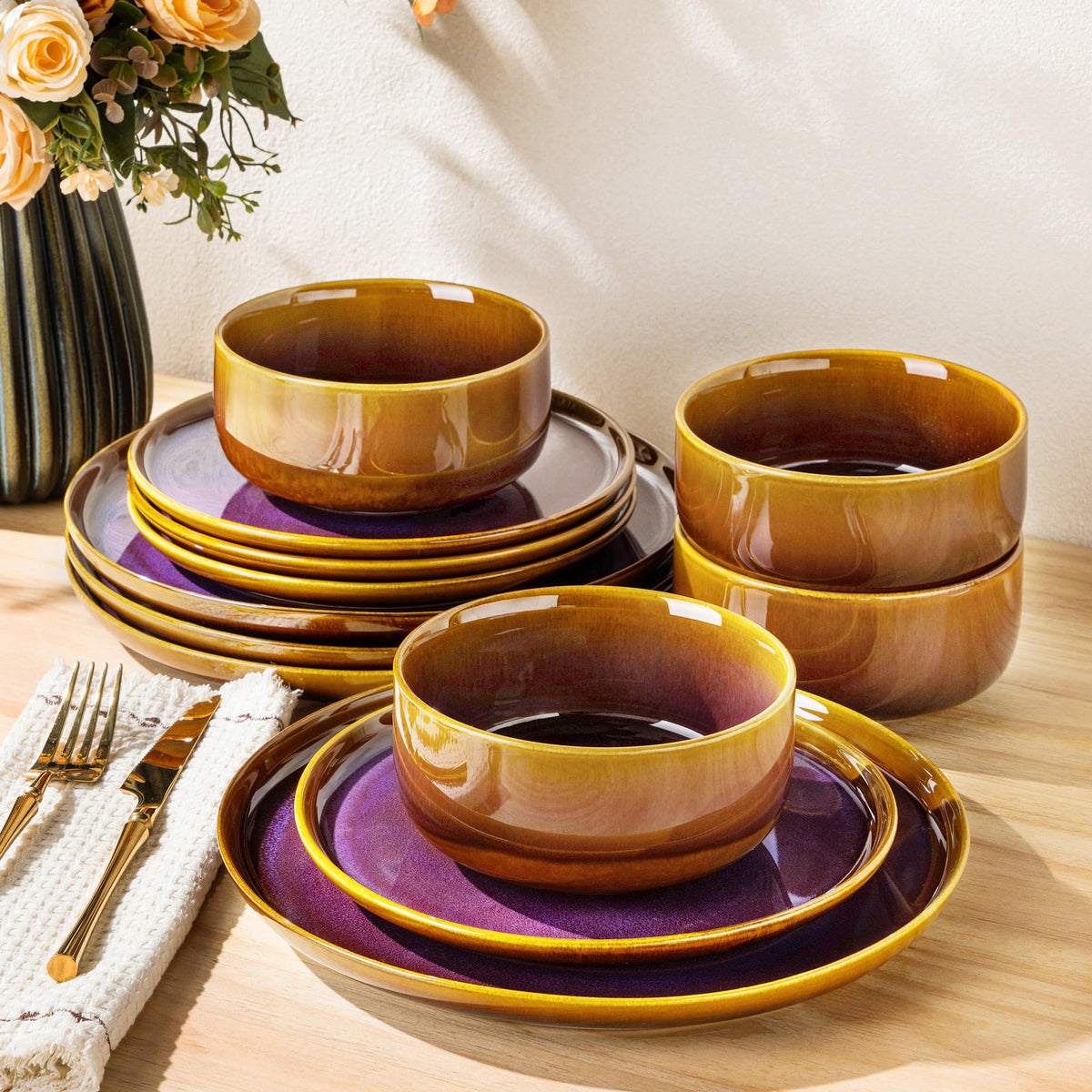 TheTerra Ceramic Dinnerware Set for 4, 12-Piece Plates and Bowls Set