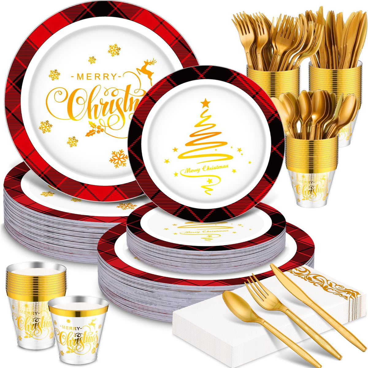 Layhit 175 Pcs Christmas Plastic Plates Dinnerware Set, Green Red
