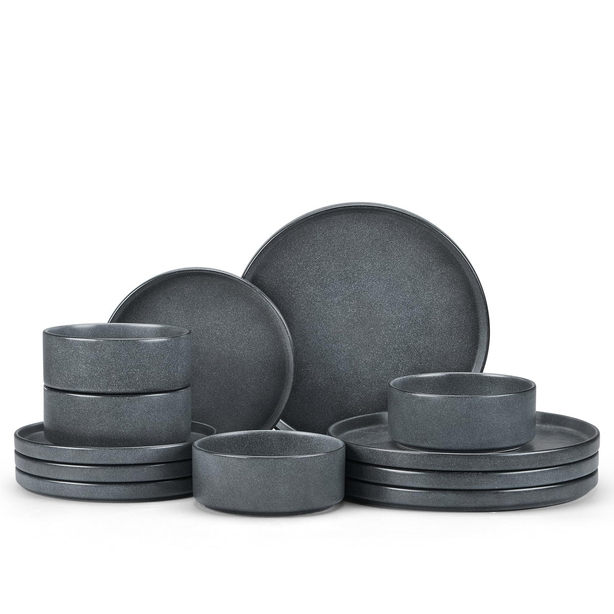 E-far Stoneware Dinnerware Sets, 12-Piece Black Plates and Bowls Set for 4