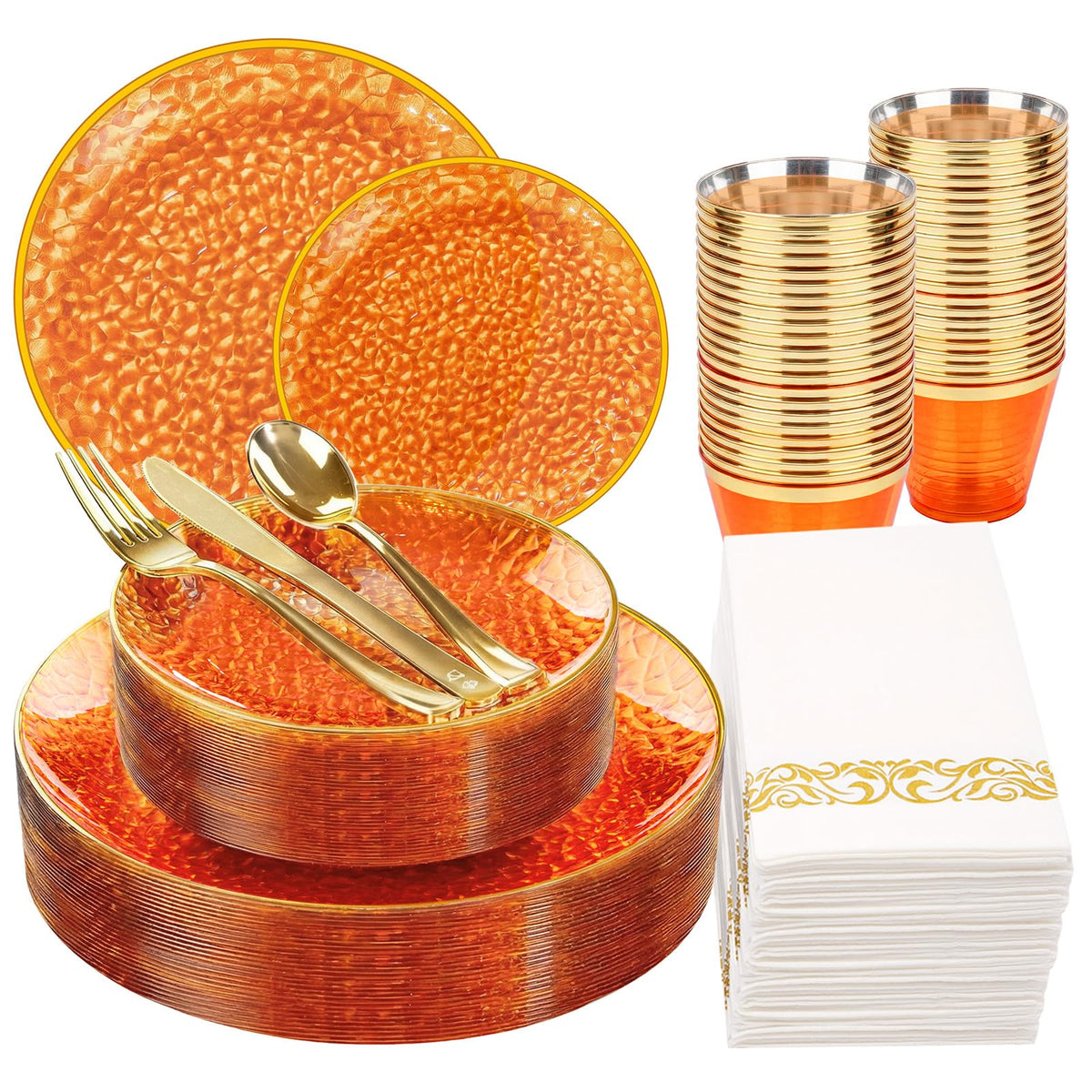 Rubtlamp 175 Pcs Plastic Dinnerware Set (25 Guests), Blue Disposable Plates With Gold Rim, Hammered Party Plates Set Include Dinner Platos, Dessert Platos, Cups, Cutlery And Napkins for Party
