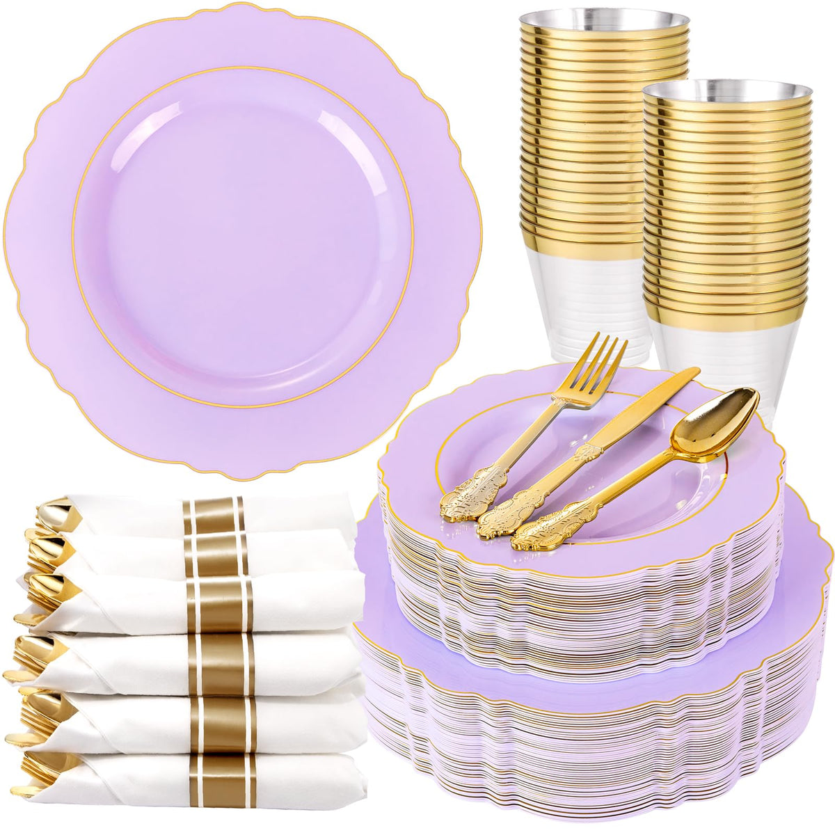 Liacere 350PCS Gold Plastic Plates-Disposable White and Gold Plates Baroque Plastic Dinnerware include 100Plates, 50Pack Pre Rolled Napkins with Silverware 50Cups for Wedding&Thanksgiving&Fall Party