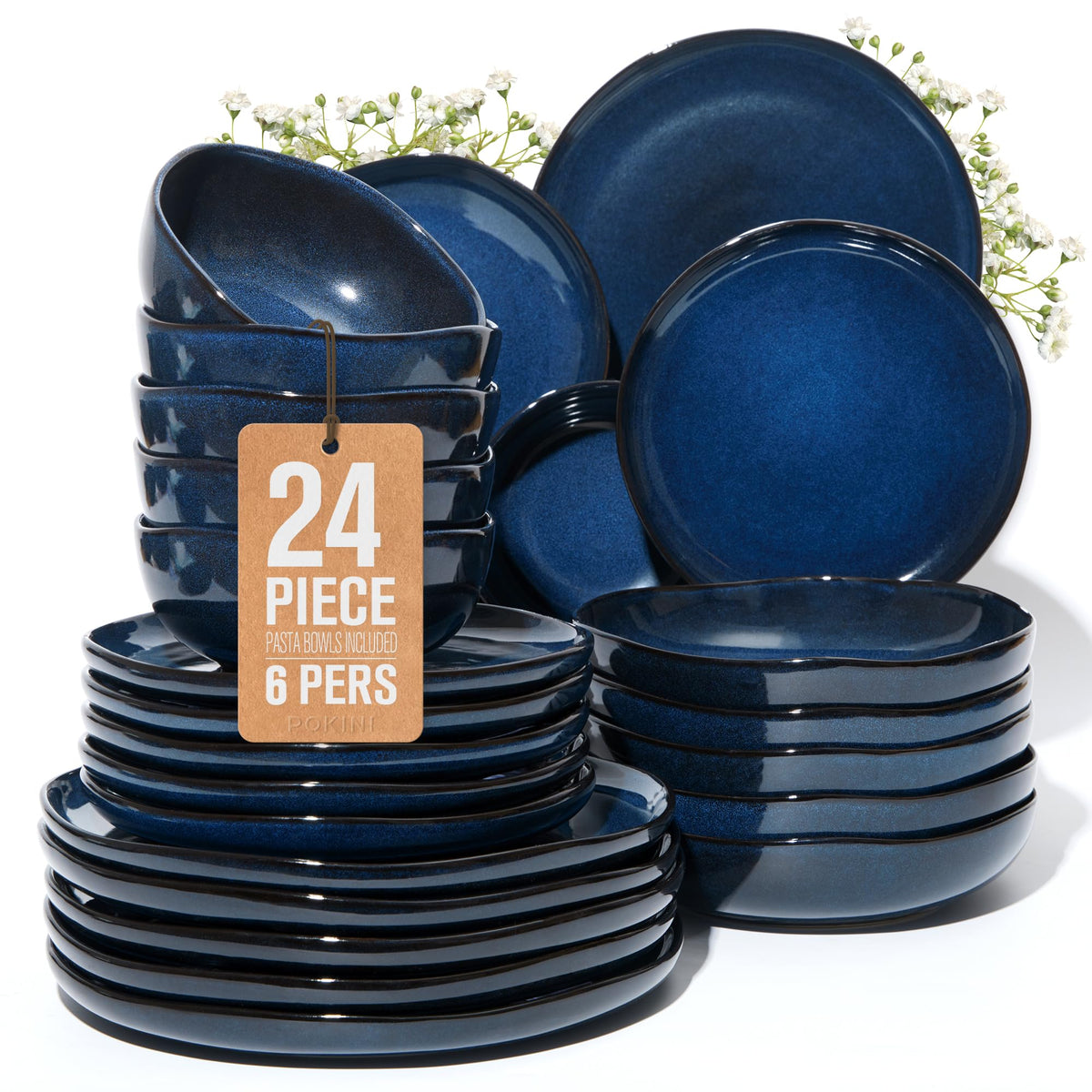 Pokini Stoneware Dinnerware Sets for 4, 12Pcs Ceramic Plates and Bowls Sets