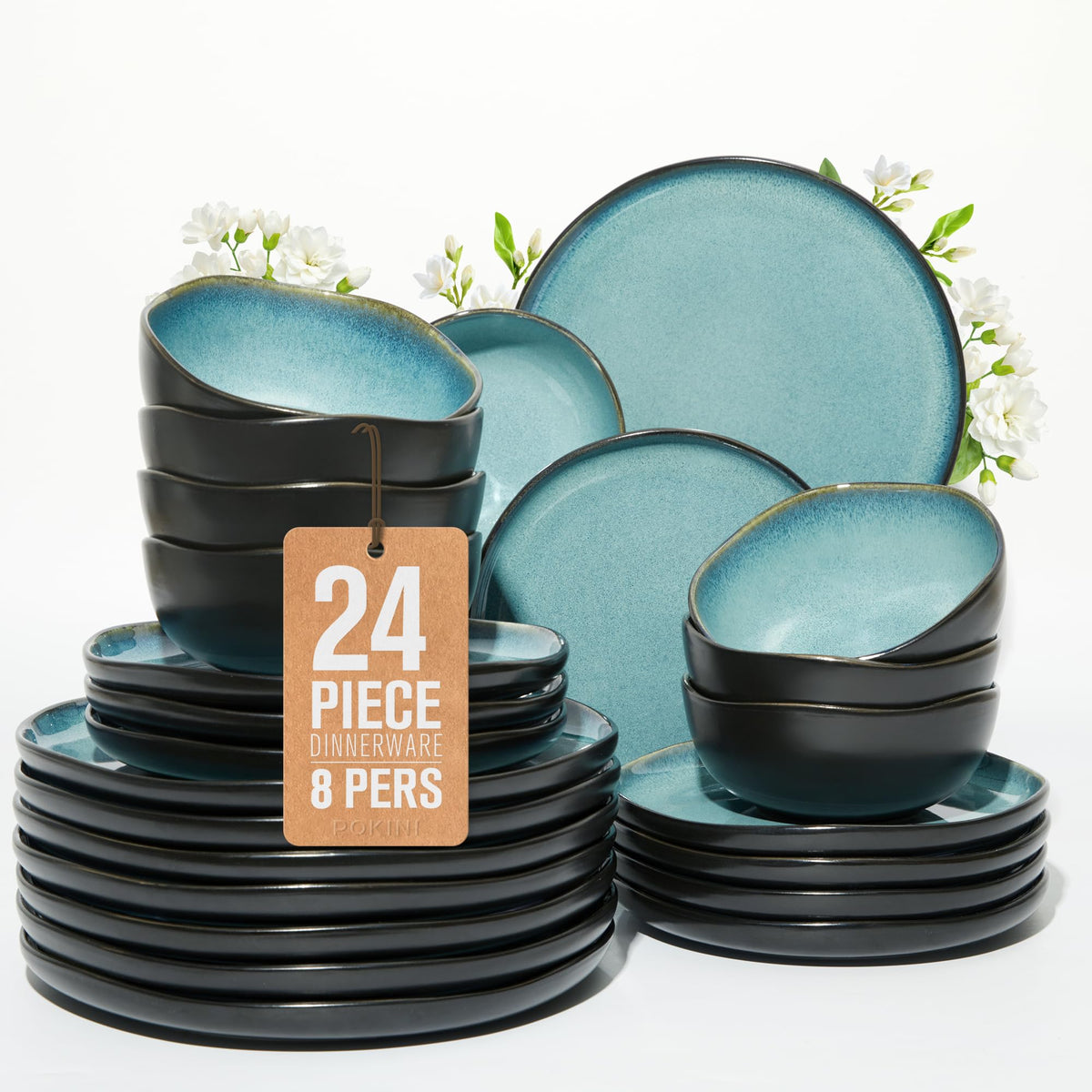Pokini Stoneware Dinnerware Sets for 4, 12Pcs Ceramic Plates and Bowls Sets