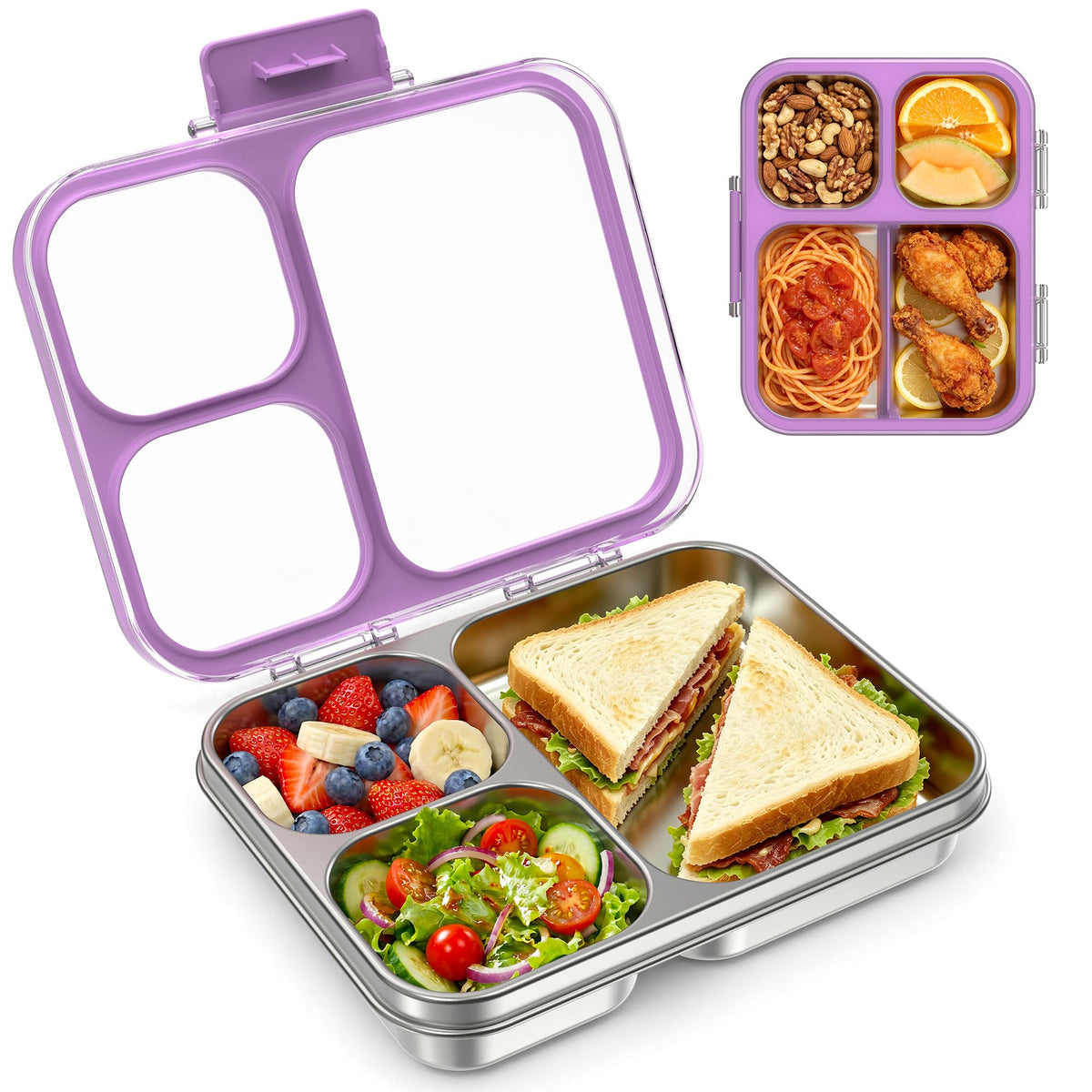 LOHASOK Stainless Steel Bento Lunch Box for Kids, 3-Compartment & Leakproof