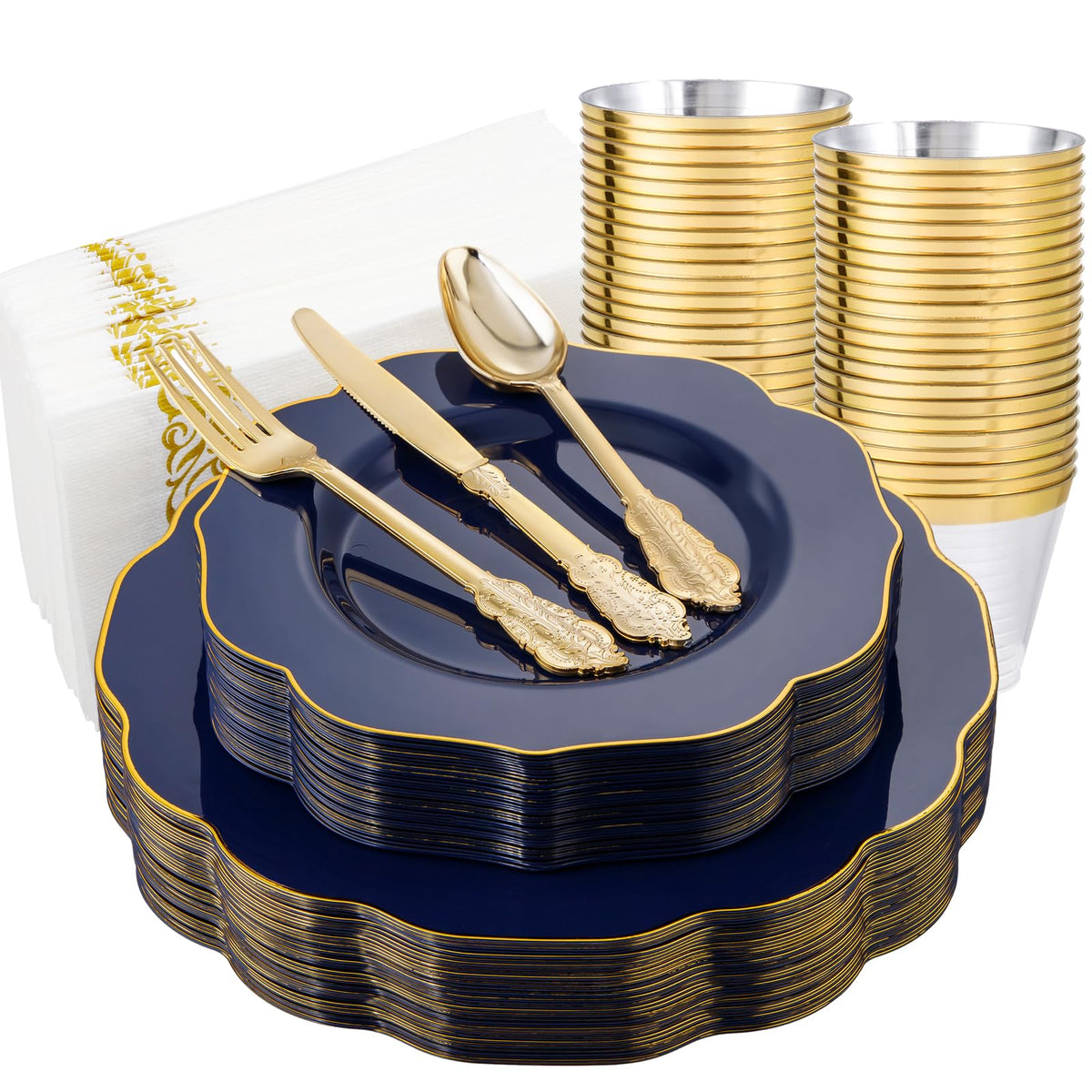 NOCCUR 175PCS Pink Plates with Gold Disposable Silverware - Include 50 Pink Plastic Plates,25 Knives,25 Forks,25 Spoons,25 Cups and 25 Napkins - Ideal for Party/Wedding/Banquet/Baby Shower