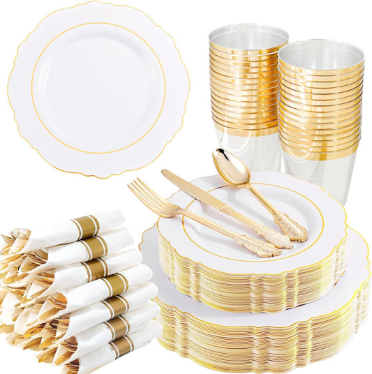 Liacere 350PCS Gold Plastic Plates-Disposable White and Gold Plates Baroque Plastic Dinnerware include 100Plates, 50Pack Pre Rolled Napkins with Silverware 50Cups for Wedding&Thanksgiving&Fall Party