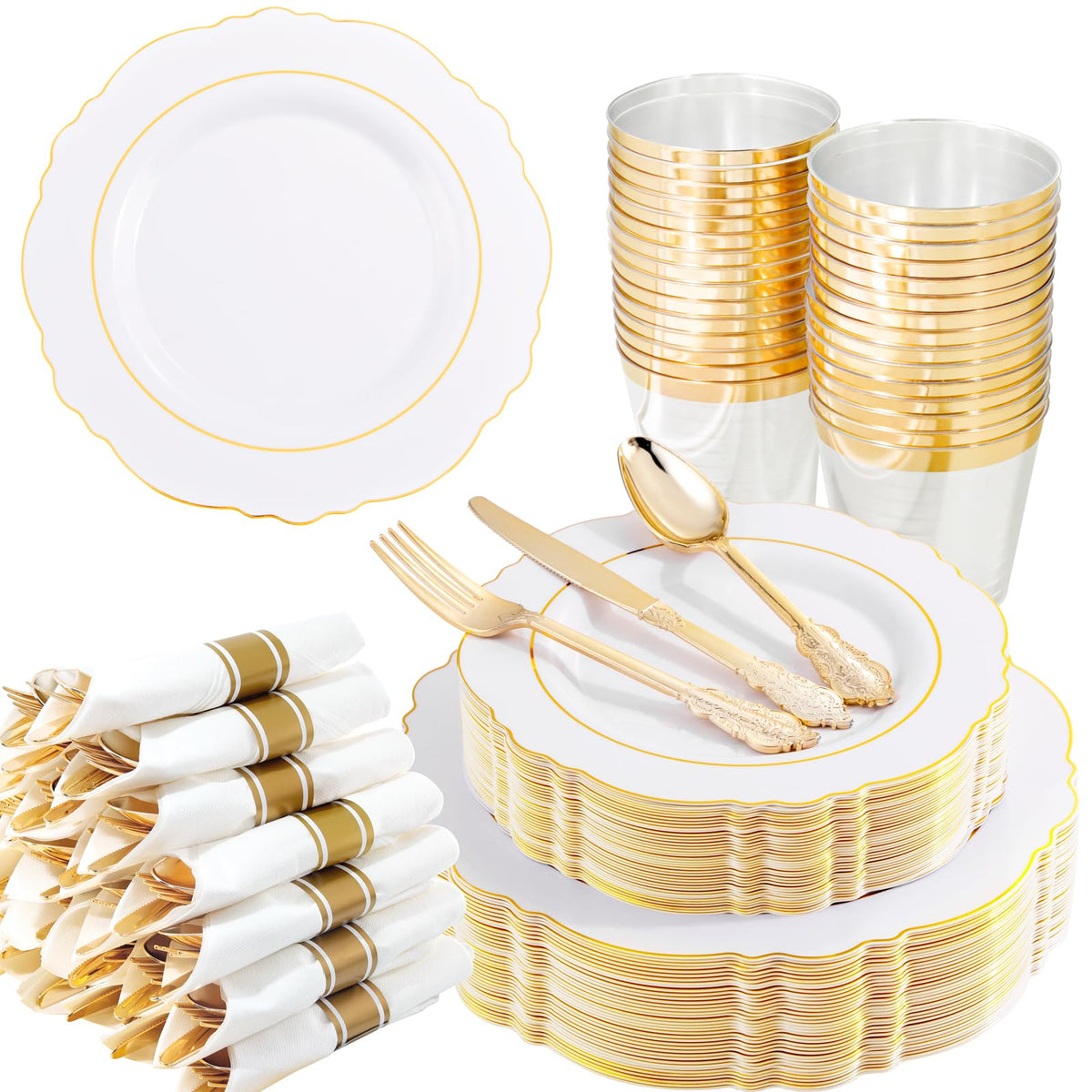 Liacere 350PCS Gold Plastic Plates-Disposable White and Gold Plates Baroque Plastic Dinnerware include 100Plates, 50Pack Pre Rolled Napkins with Silverware 50Cups for Wedding&Thanksgiving&Fall Party