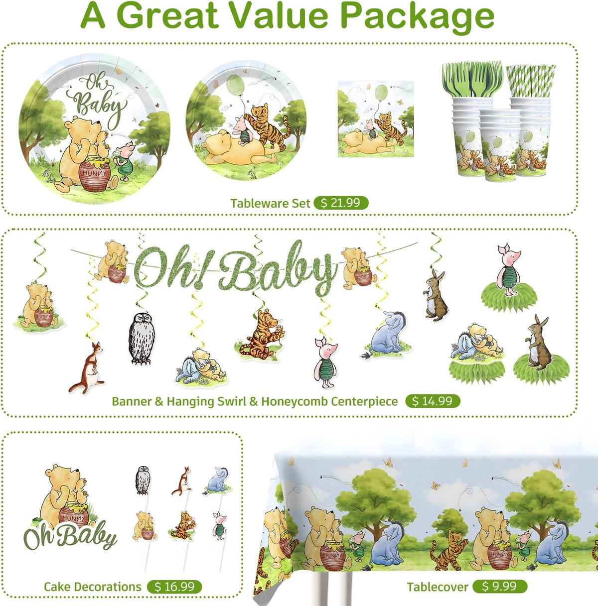 343PCS Xynic Classic Bear Baby Shower Decorations Tableware Set, 50 Guests