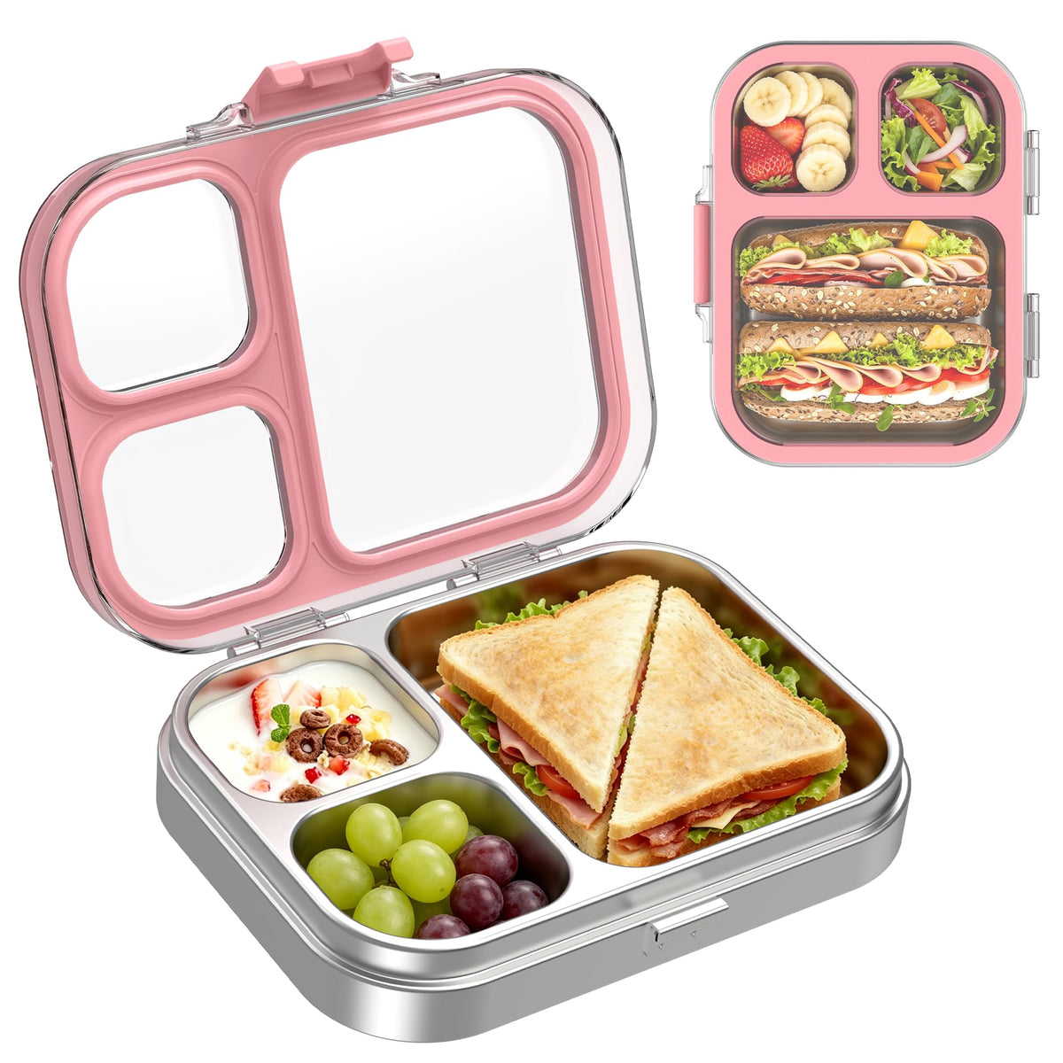 LOHASOK Stainless Steel Bento Lunch Box for Kids, 3-Compartment & Leakproof