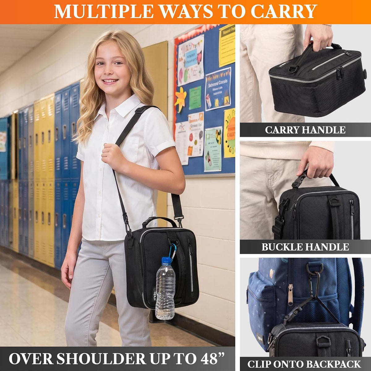 opux Insulated Lunch Bag for Men Women Kids, Soft Lunch Box, Black