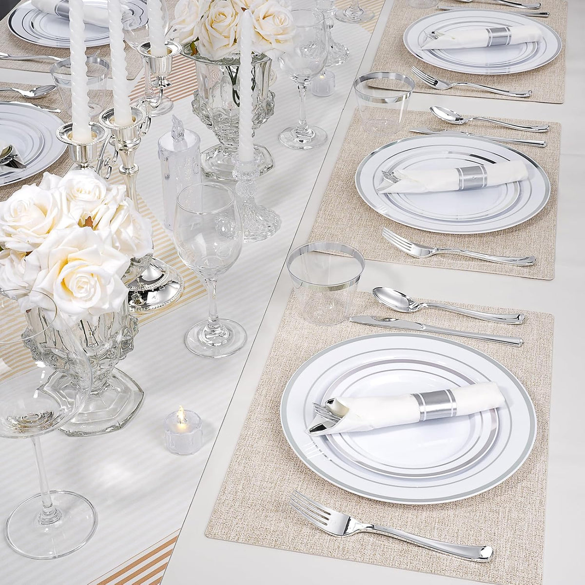 realluck 350 PCS White and Silver Plastic Dinnerware Set for 50 Guests, 100 Disposable Plates for Party, 50 Pre Rolled Napkins with Silver Silverware, 50 Cups
