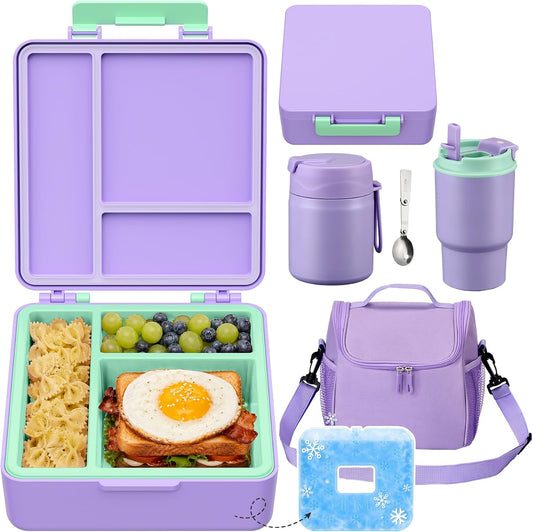 Pawtong Lunch Box Set with Bento Box Container, 17OZ Stainless Steel Food Soup Thermo, Kids Water Bottle & Portable Insulated Lunch Bag – Leakproof, Hot/Cold Retention for School, Travel (Purple)