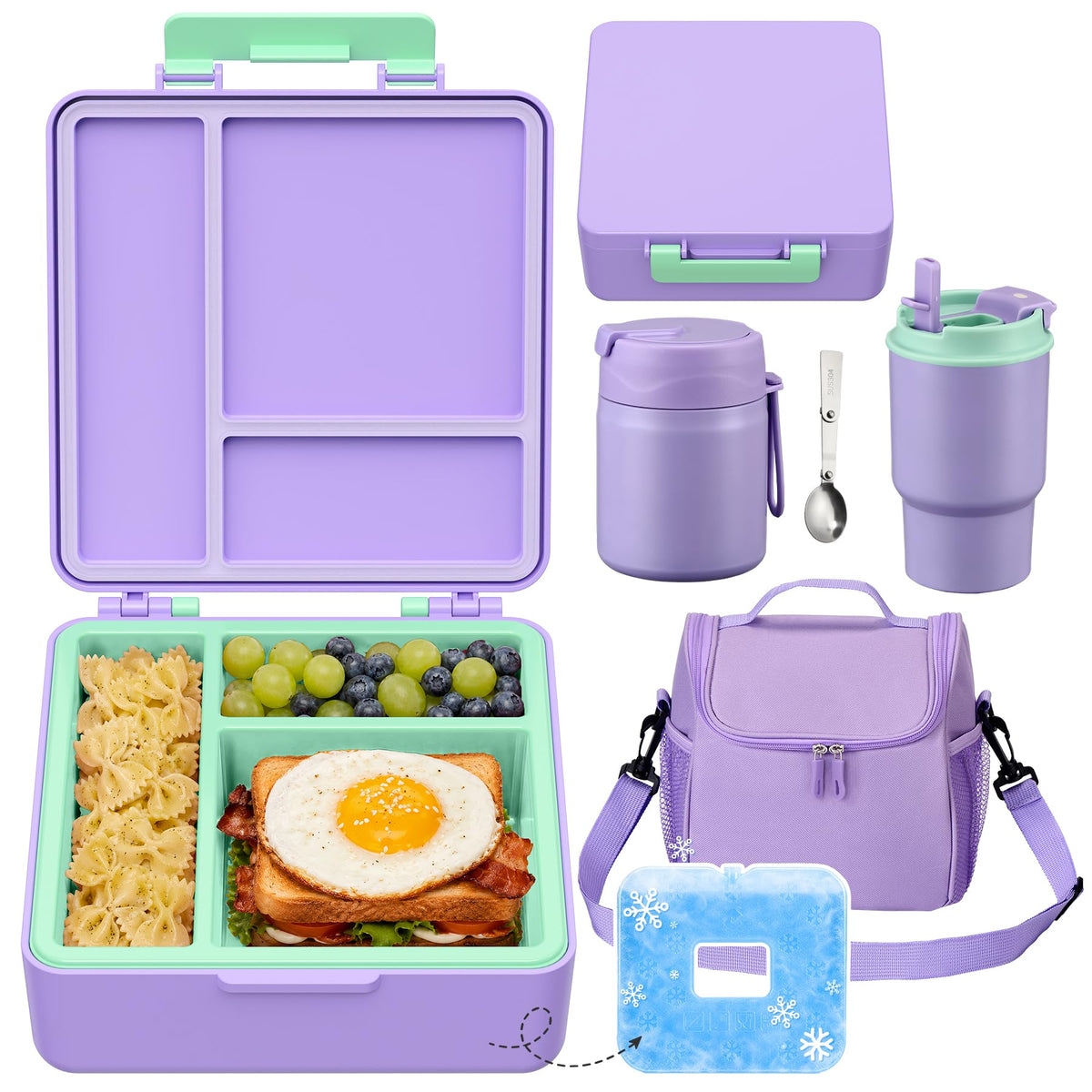 Pawtong Lunch Box Set with Bento Box Container, 17OZ Stainless Steel Food Soup Thermo, Kids Water Bottle & Portable Insulated Lunch Bag – Leakproof, Hot/Cold Retention for School, Travel (Purple)