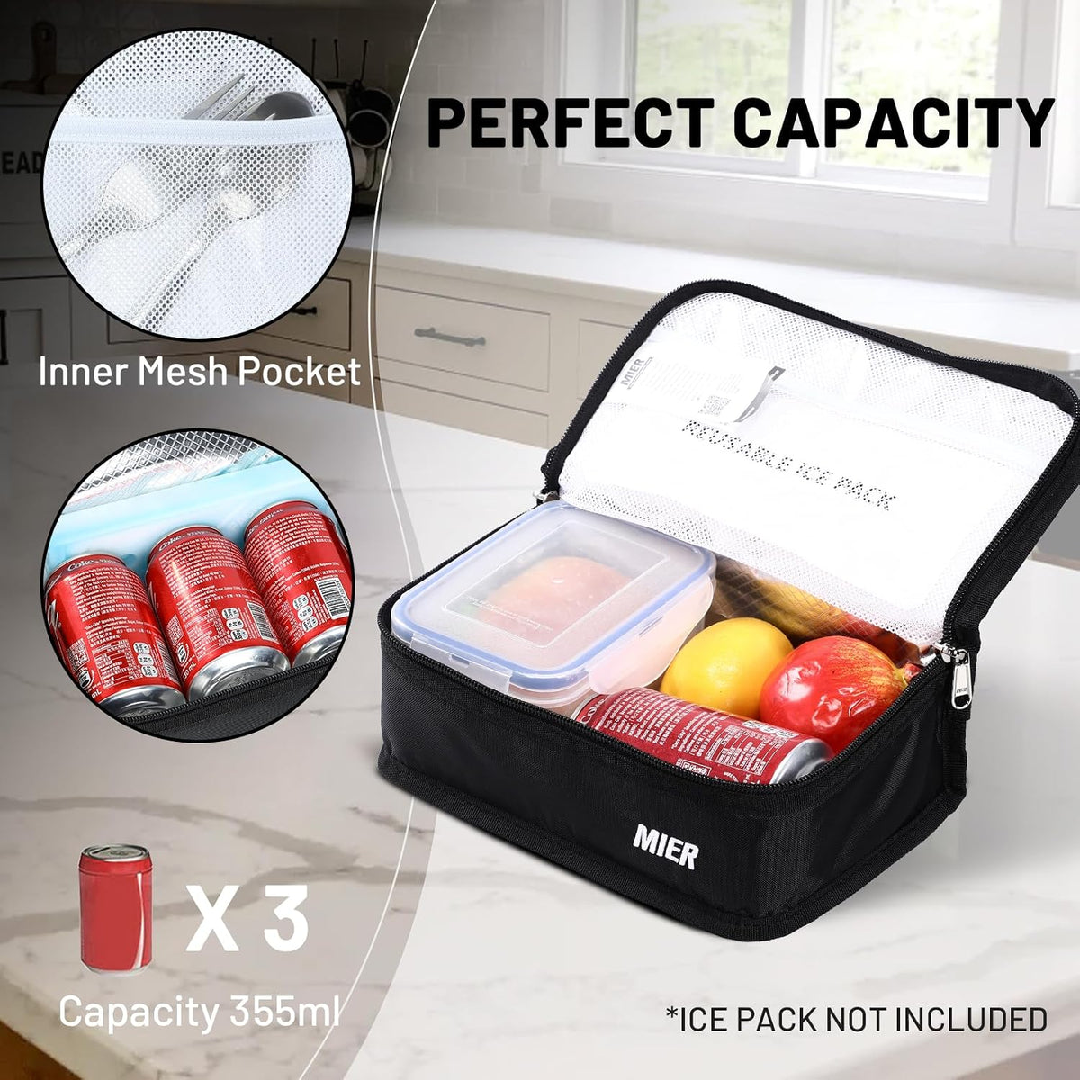 MIER Small Lunch Bag for Kids & Adults Compact Insulated Lunch Box, Black