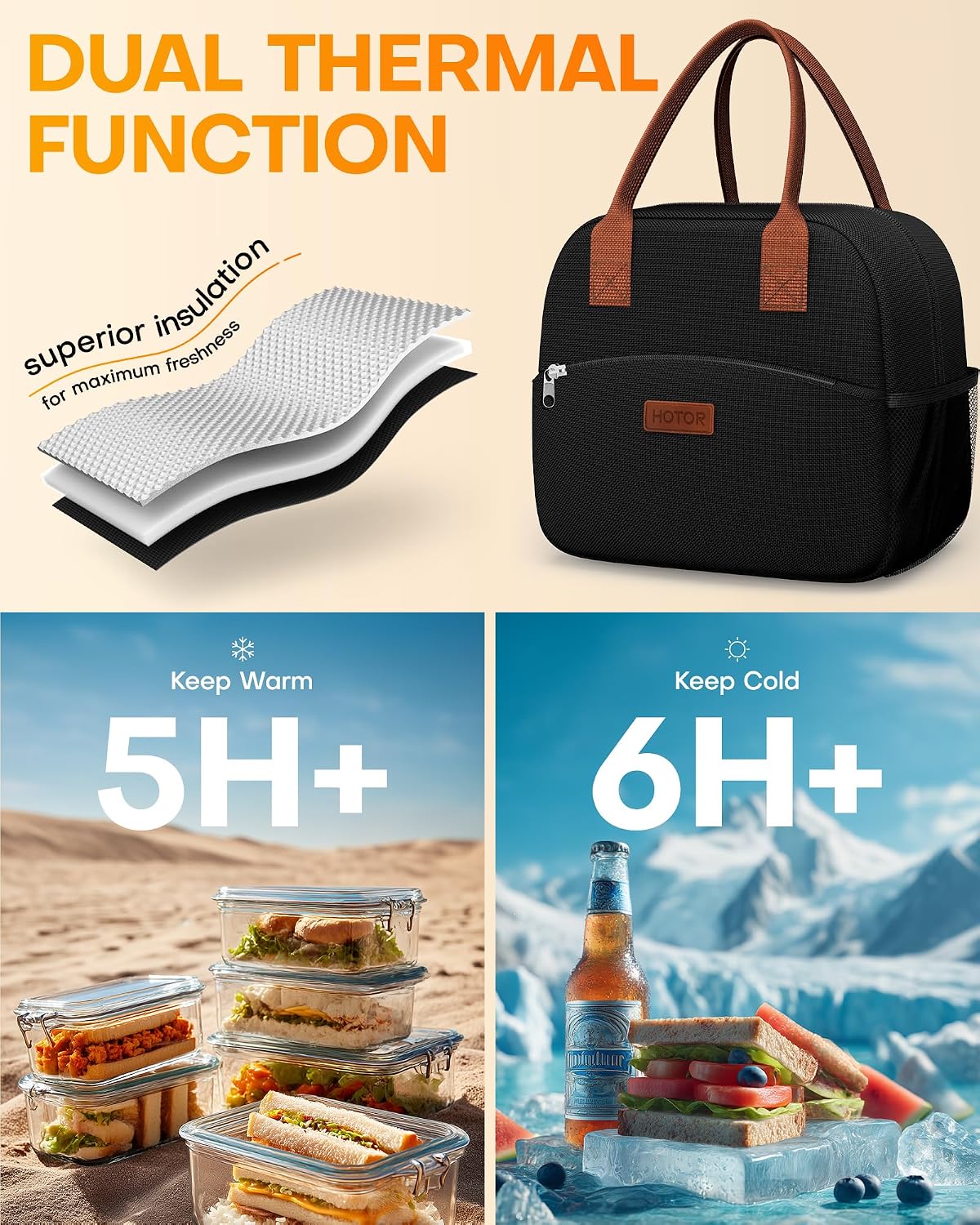 HOTOR Lunch Bag Women Men Insulated Lunch Box Black 10L