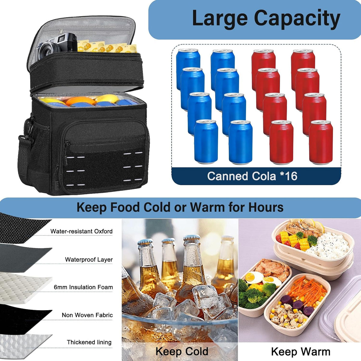 TENKIST Tactical Expandable Lunch Box Men 2 Layer Cooler Bag 20 Cans Black