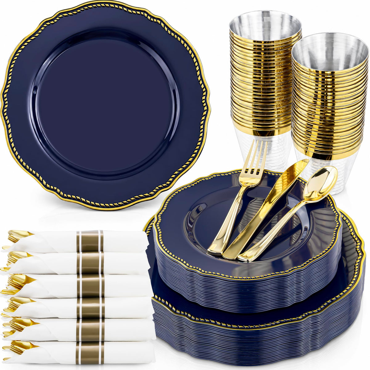 Hioasis 175 Pcs Black and Gold Plastic Plates Wedding & Party