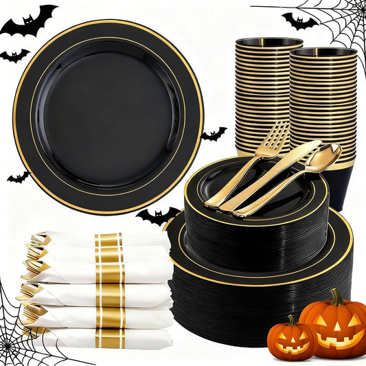 350 Pieces Black and Gold Plastic Plates with Disposable Silverware, Include 50 Dinner Plates 9”, 50 Dessert Plates 6.3”, 50 Black Cups 9 OZ, 50 Pre Rolled Napkins for Wedding/Party/Birthday/Halloween