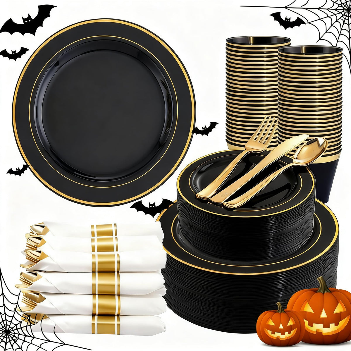 WDF Partyware 350Piece Gold Dinnerware Set for 50 Guests - Gold Plastic Plates with Disposable Cutlery - 50Dinner Plates-50Dessert Plates-50Pre Rolled Napkins with Silverware for Wedding/Thanksgiving
