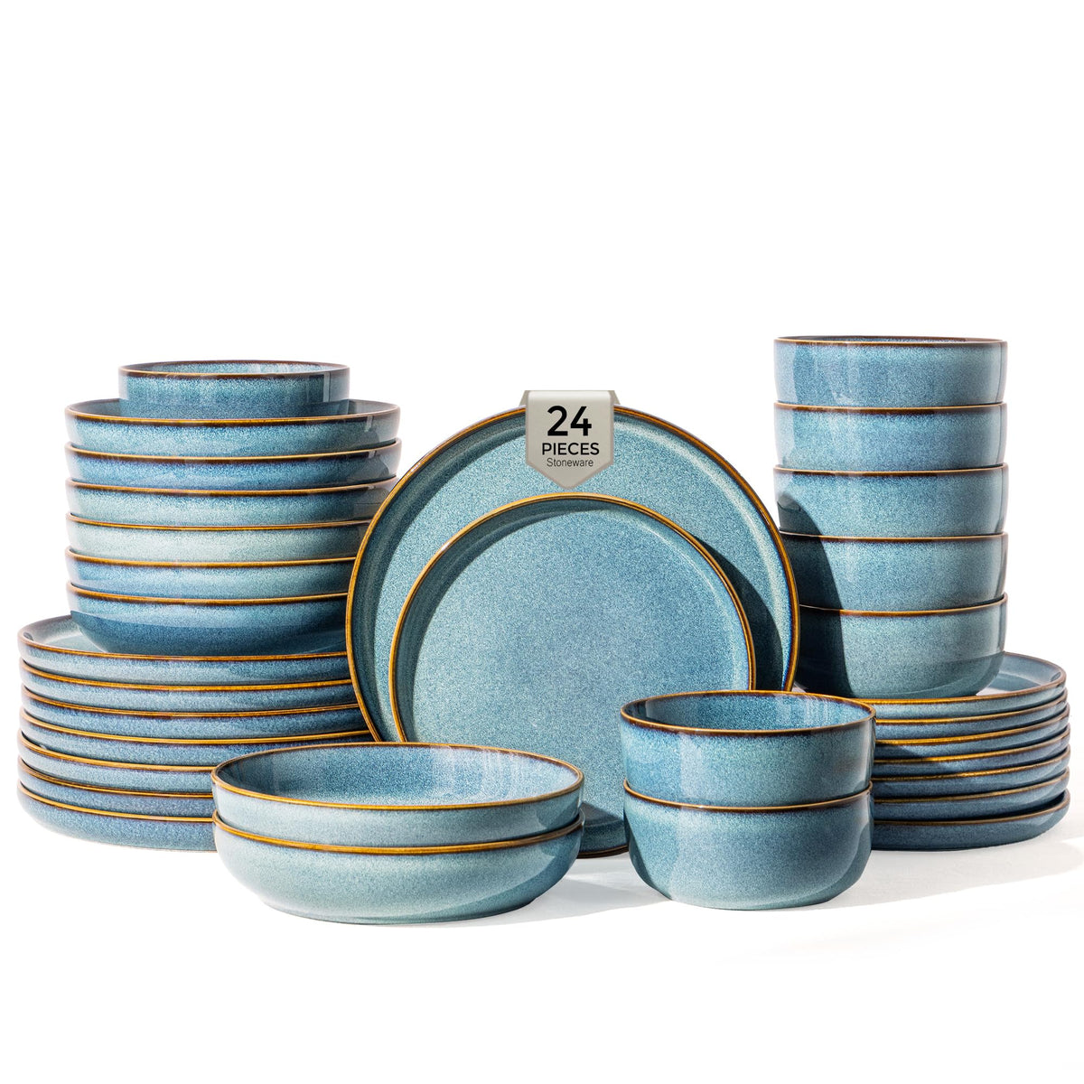 GBHOME Ceramic Dinnerware Sets for 8, 24 Pieces Stoneware Plates and Bowls Sets, Scratch Resistant Dishes, Dishwasher & Microwave Safe, Reactive Glaze-Green Wheat