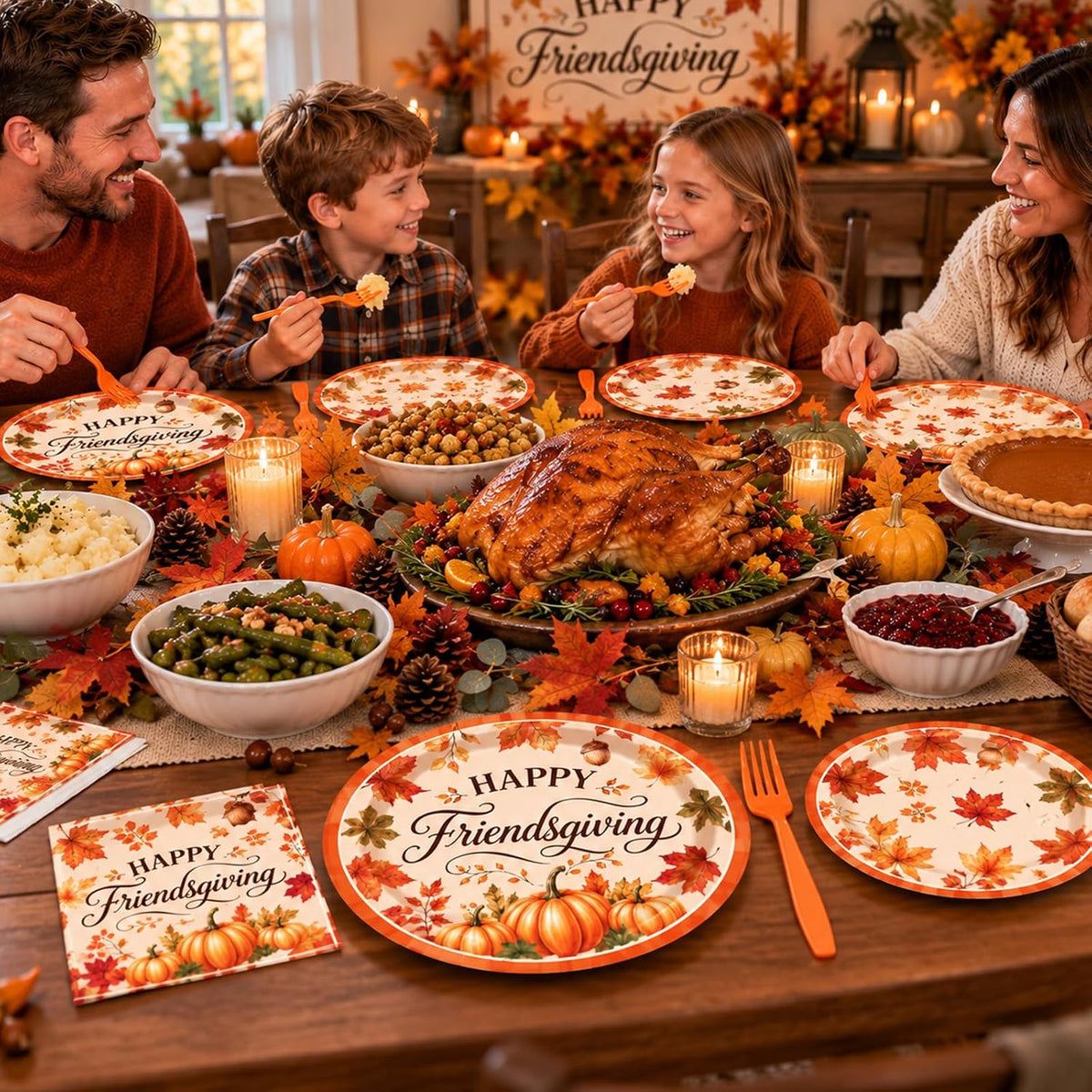 100 Pieces Happy Friendsgiving Tableware Set, Maple Leaf Pumpkin Paper Plates, Napkins, and Plastic Forks for Thanksgiving Dinner, Fall Harvest Autumn Family Gathering, Friendsgiving Table Decorations