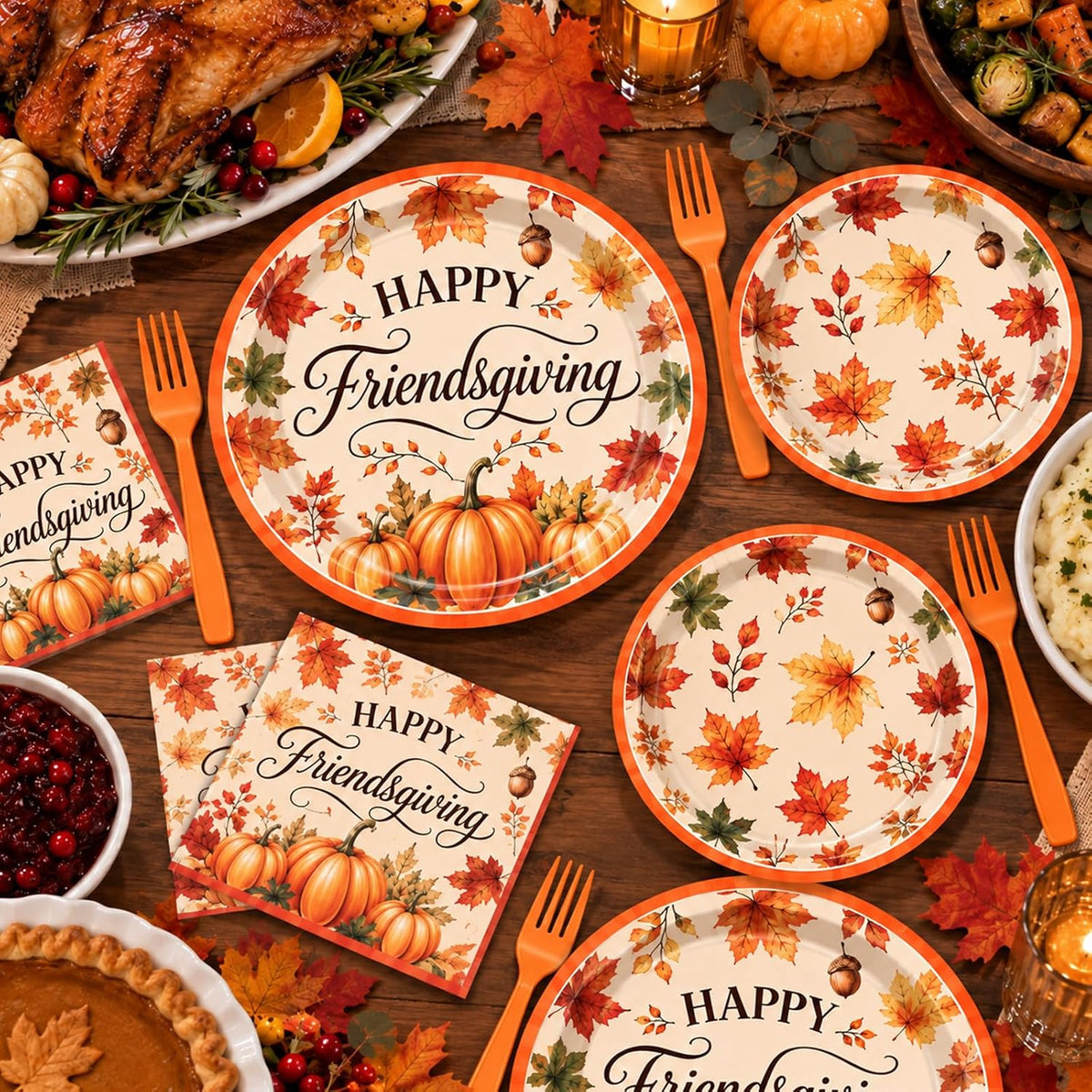 100 Pieces Happy Friendsgiving Tableware Set, Maple Leaf Pumpkin Paper Plates, Napkins, and Plastic Forks for Thanksgiving Dinner, Fall Harvest Autumn Family Gathering, Friendsgiving Table Decorations