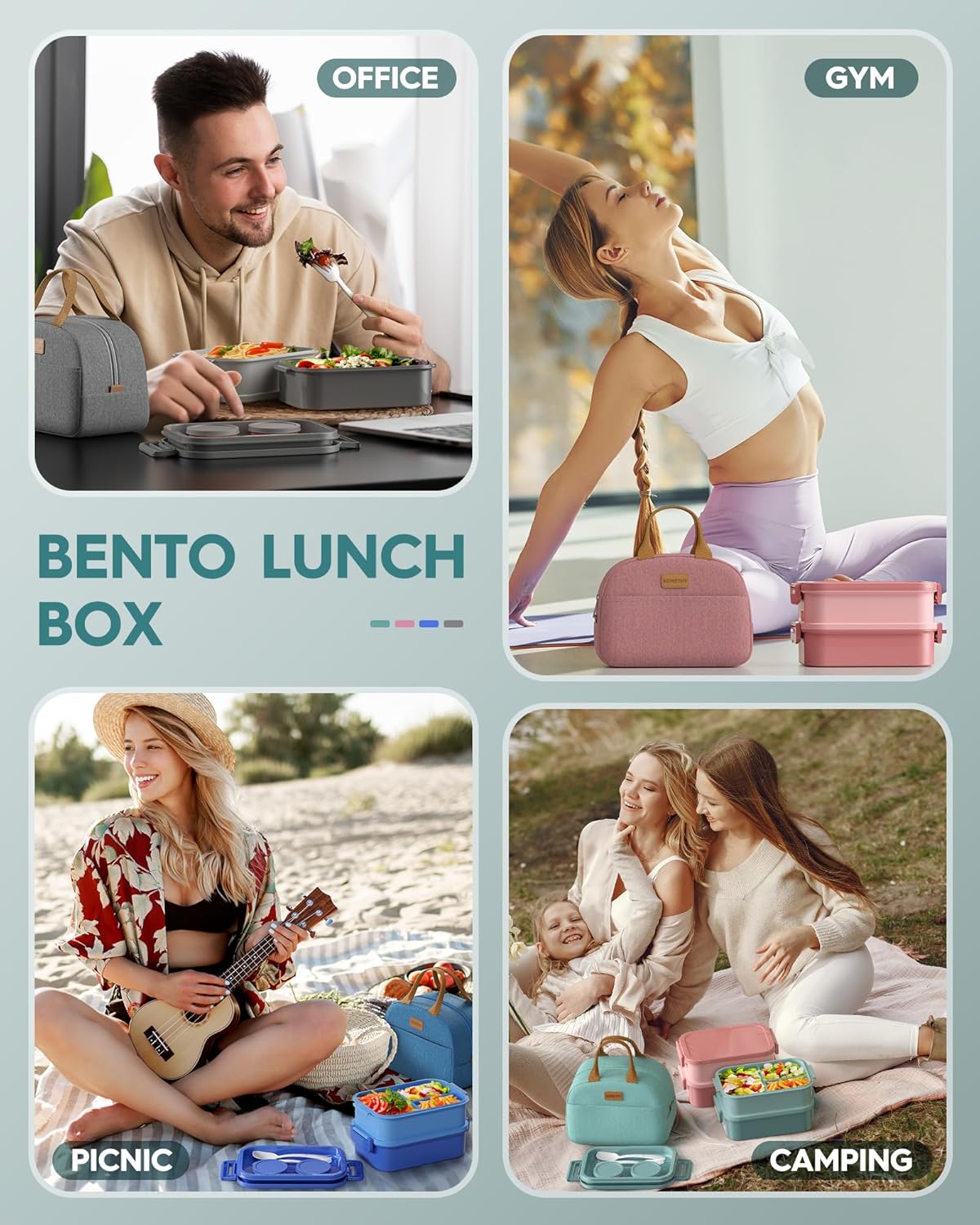 KEMETHY Adults Bento Lunch Box Set with Thermo Bag, 74oz Stackable Leak-proof 3-tiers Bento Box, Built-in Utensil and Sauce Container for Work, School, Dining Out (Green)