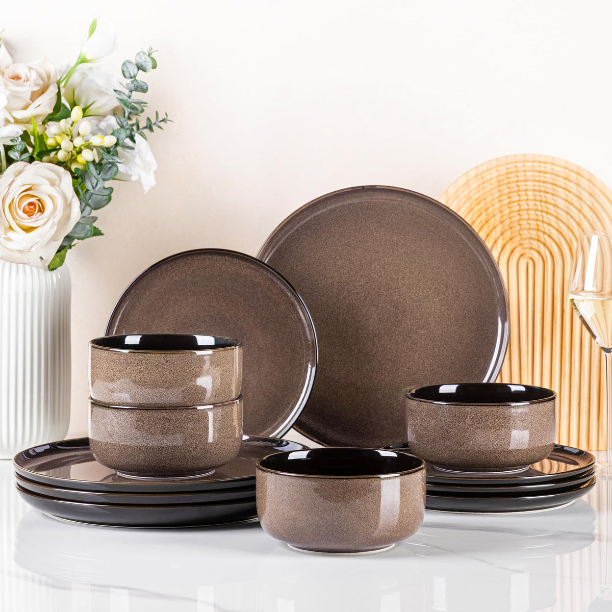 LeRatio Ceramic Dinnerware Sets for 4,12Pcs Porcelain Plates and Bowls Set