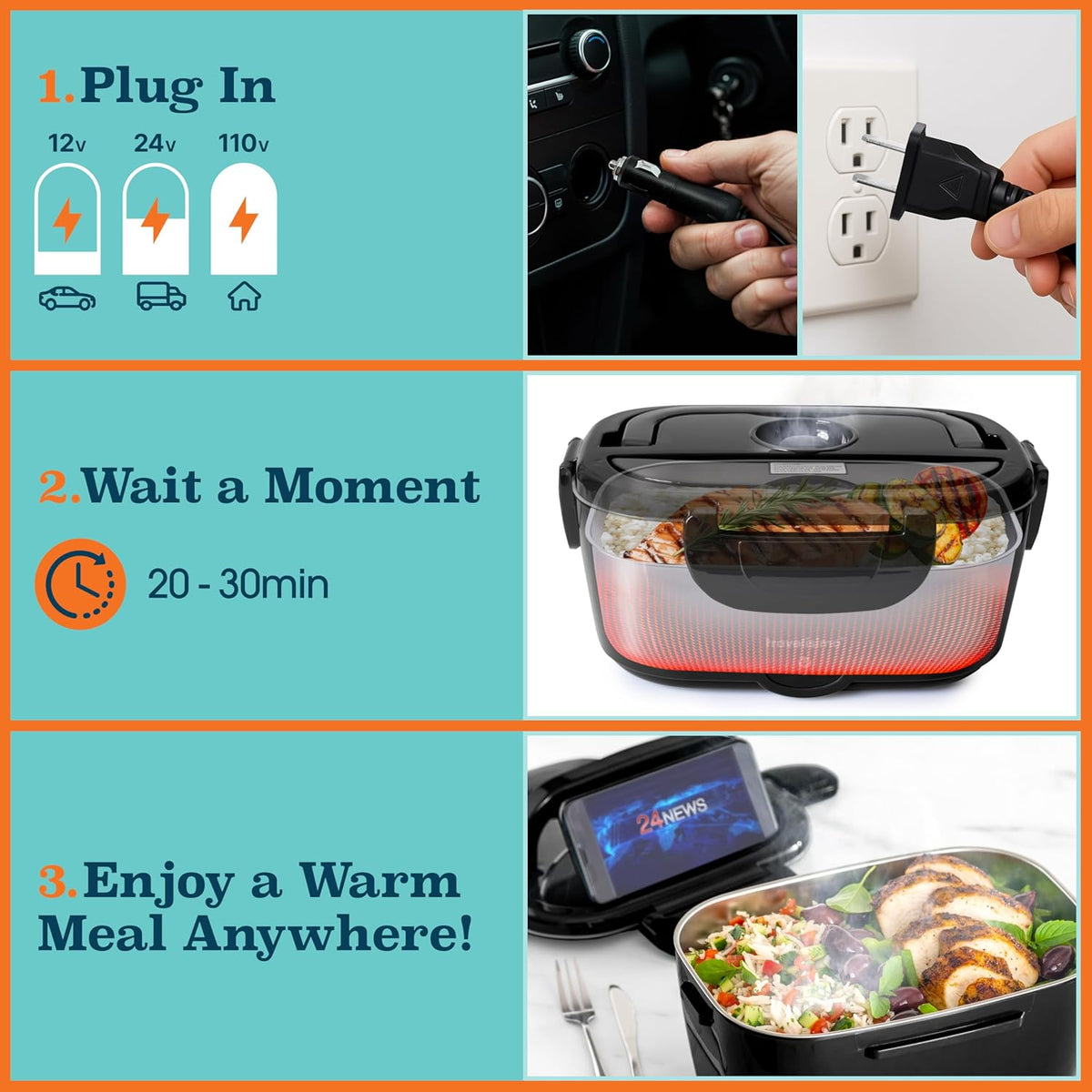 TRAVELISIMO Electric Lunch Box for Adults 100W Heated Lunch Box For Men 1.5L Stainless Steel Portable Food Warmer, 12/24/110V for Travel & Work, Loncheras Electricas Para Calentar almuerzo