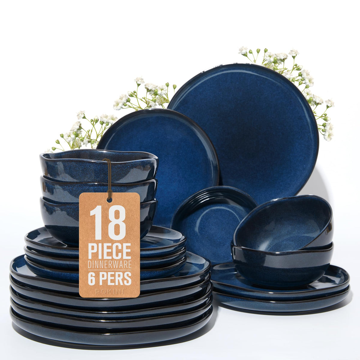 Pokini Stoneware Dinnerware Sets for 4, 12Pcs Ceramic Plates and Bowls Sets