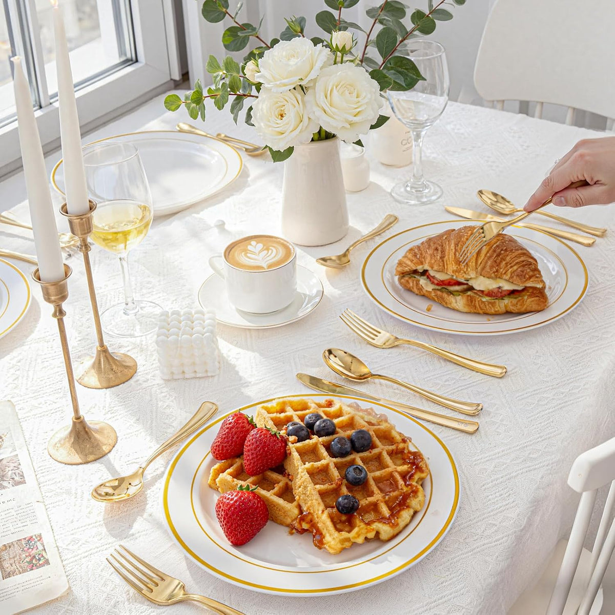 WDF300 Pieces Gold Plastic Silverware - Heavy Duty Disposable Cutlery Set Plastic Gold Silverware Set Includes 100 Forks, 100 Spoons, 100 Knives for Party/Baby Shower/Wedding/Birthday/Thanksgiving