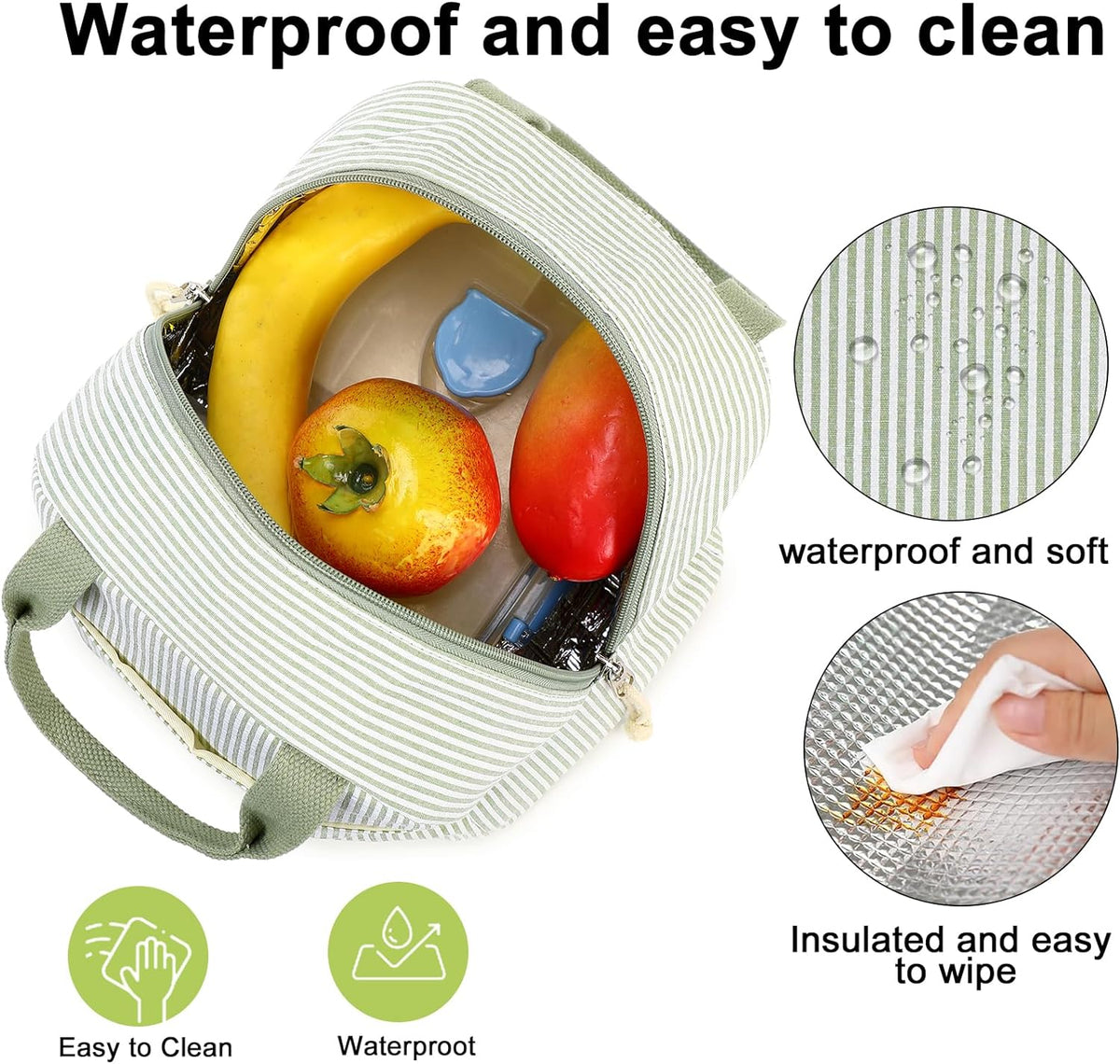 Bluboon Lunch Box for Women Cute Lunch Bag Reusable Insulated Lunch Bags Large Capacity Lunchbox Cooler for Work Picnic or Travel Gifts (A Sage Green White Stripes, 10 x 7.5 x 8 inches)