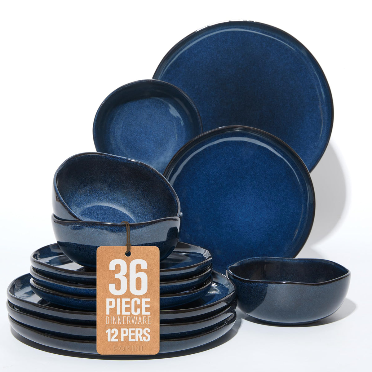 Pokini Stoneware Dinnerware Sets for 4, 12Pcs Ceramic Plates and Bowls Sets