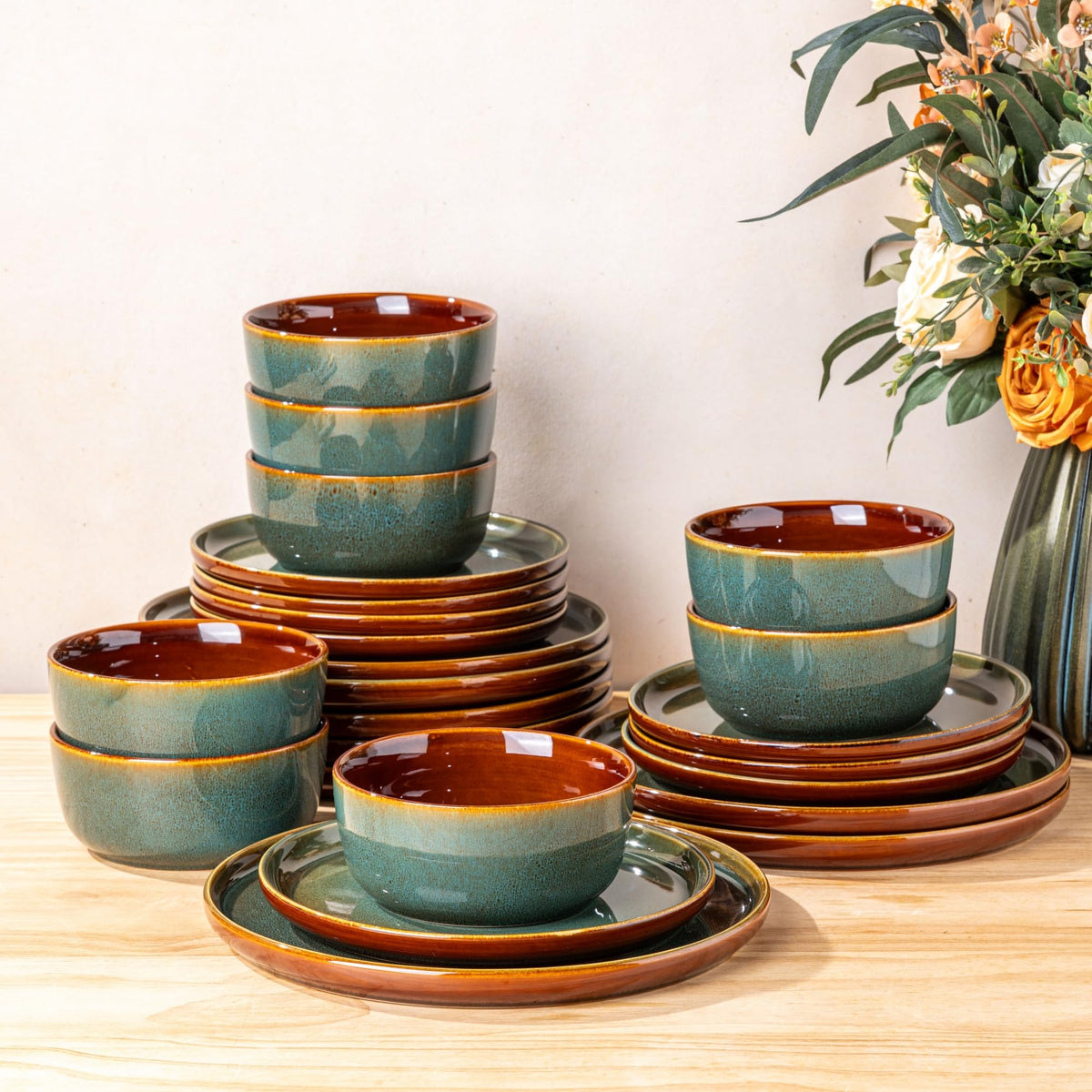 GBHOME Ceramic Dinnerware Sets for 8, 24 Pieces Stoneware Plates and Bowls Sets, Scratch Resistant Dishes, Dishwasher & Microwave Safe, Reactive Glaze-Green Wheat