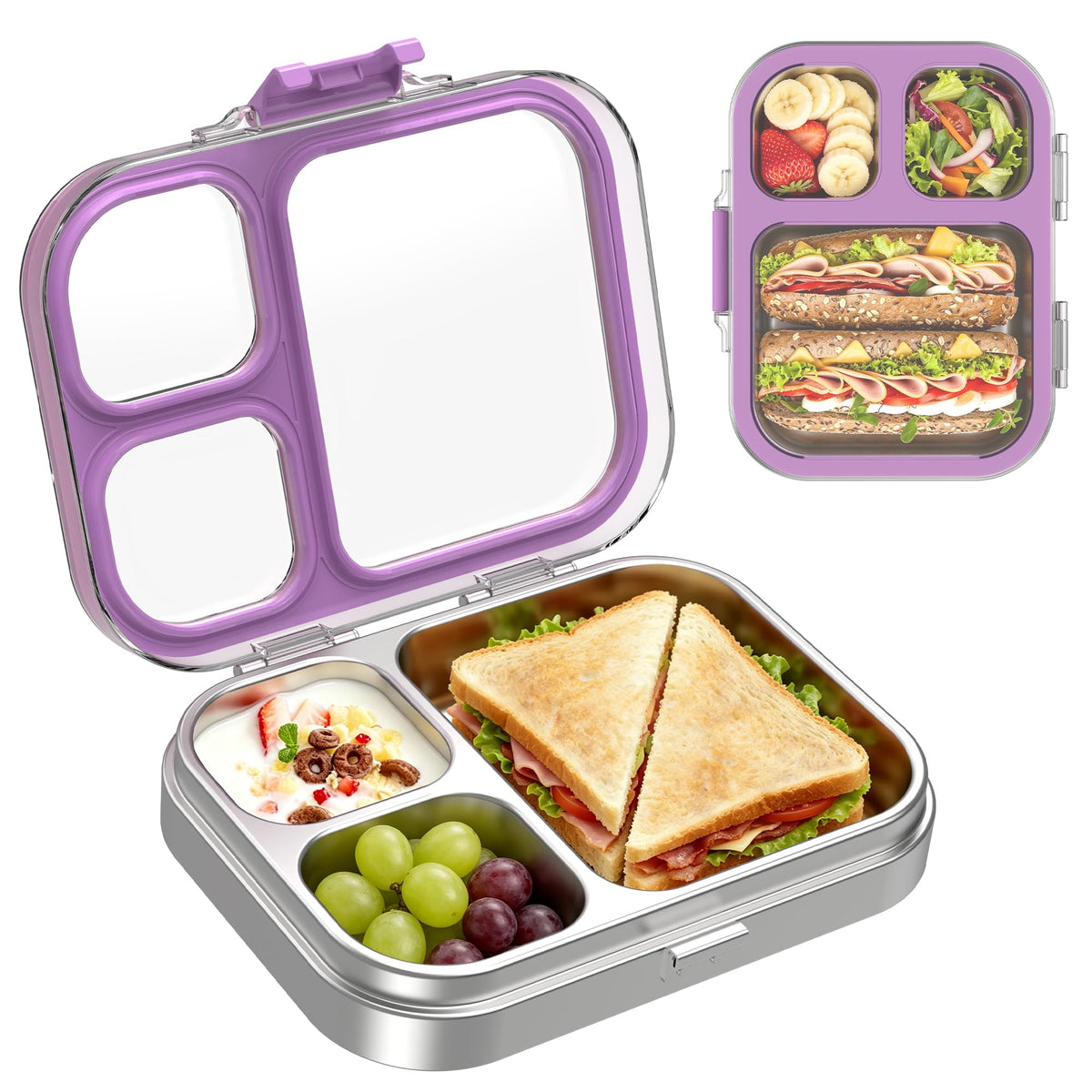 LOHASOK Stainless Steel Bento Lunch Box for Kids, 3-Compartment & Leakproof