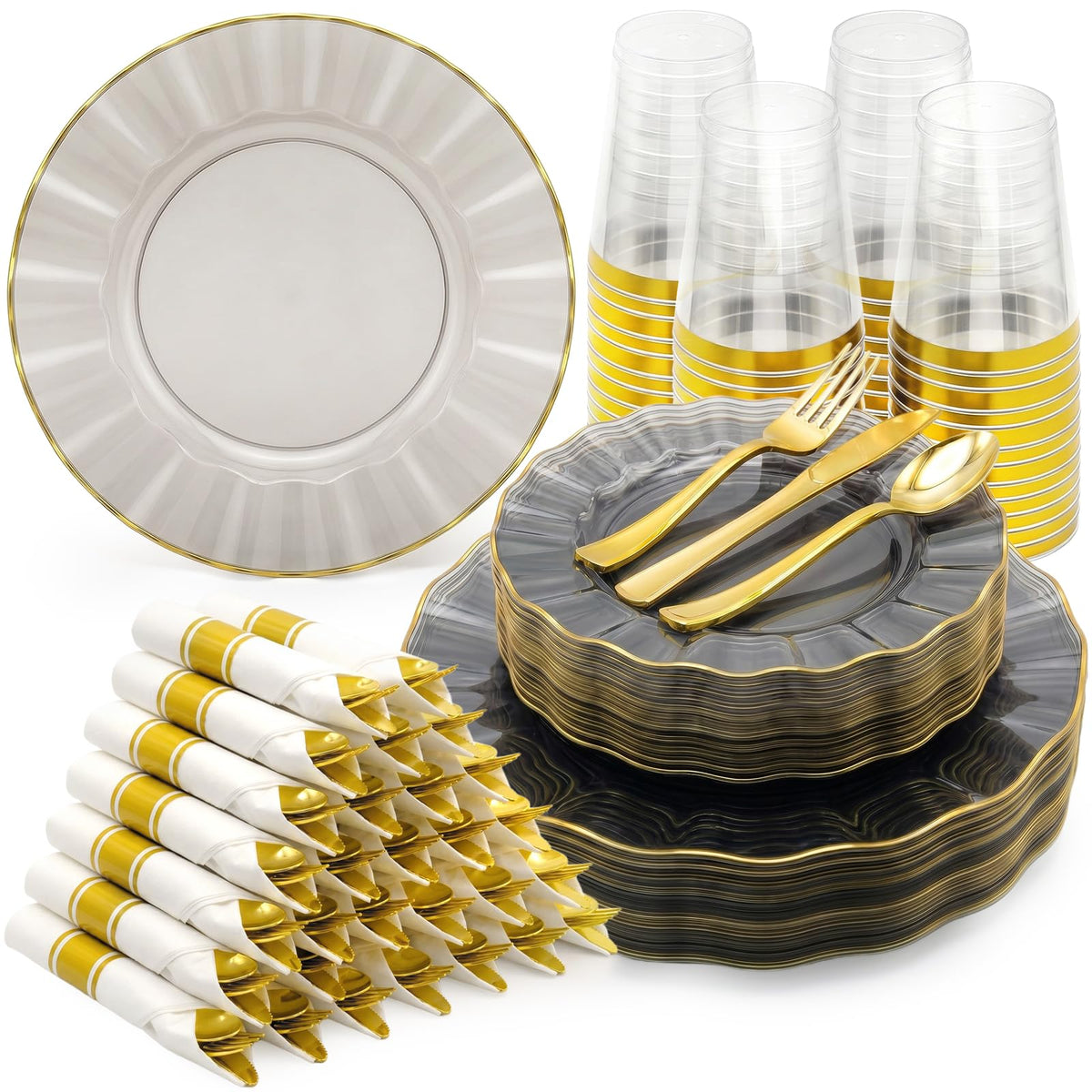 Glowserve Scalloped Plastic Plates Dinnerware Set 175 PCS for 25 Guests