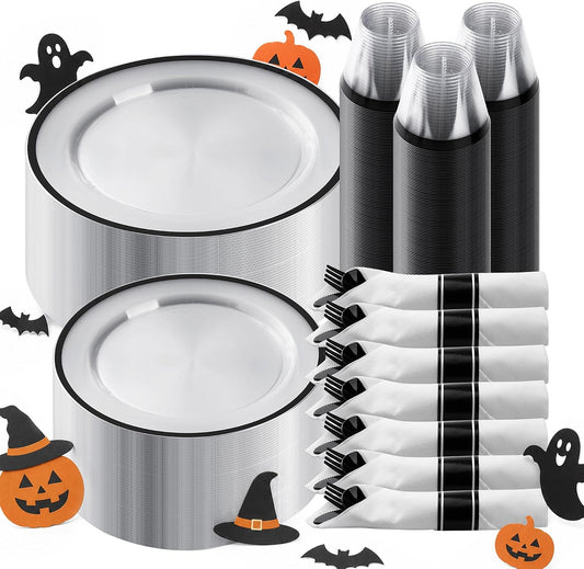 Goodluck 350 Pcs Clear Plastic Plates with Black Rim, Plastic Dinnerware