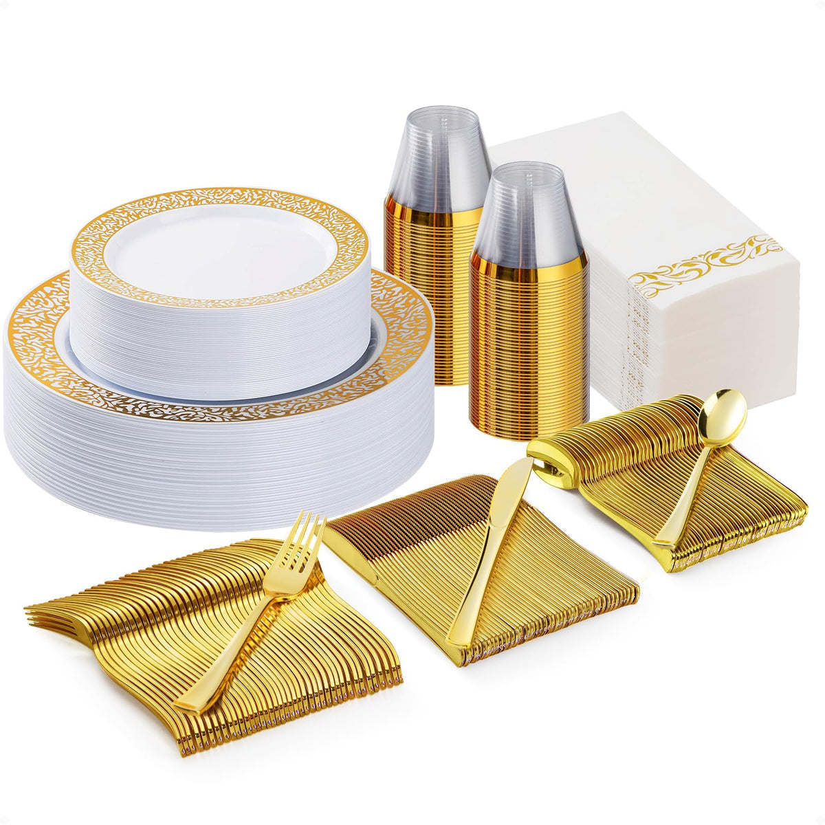 Bestluck 700 Pcs Gold Plastic Dinnerware Set for 100 Guests