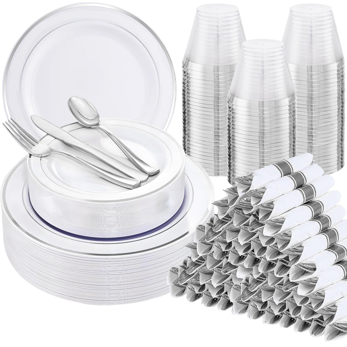 WELLIFE 50 Guests Dinnerware Sets, Gold Plastic Plates，Platos Para Fiestas Elegantes Desechables Include:50 Dinner Plates, 50 Dessert Plate, 150 Pcs Gold Plastic Silverware, 50 Cups for Party