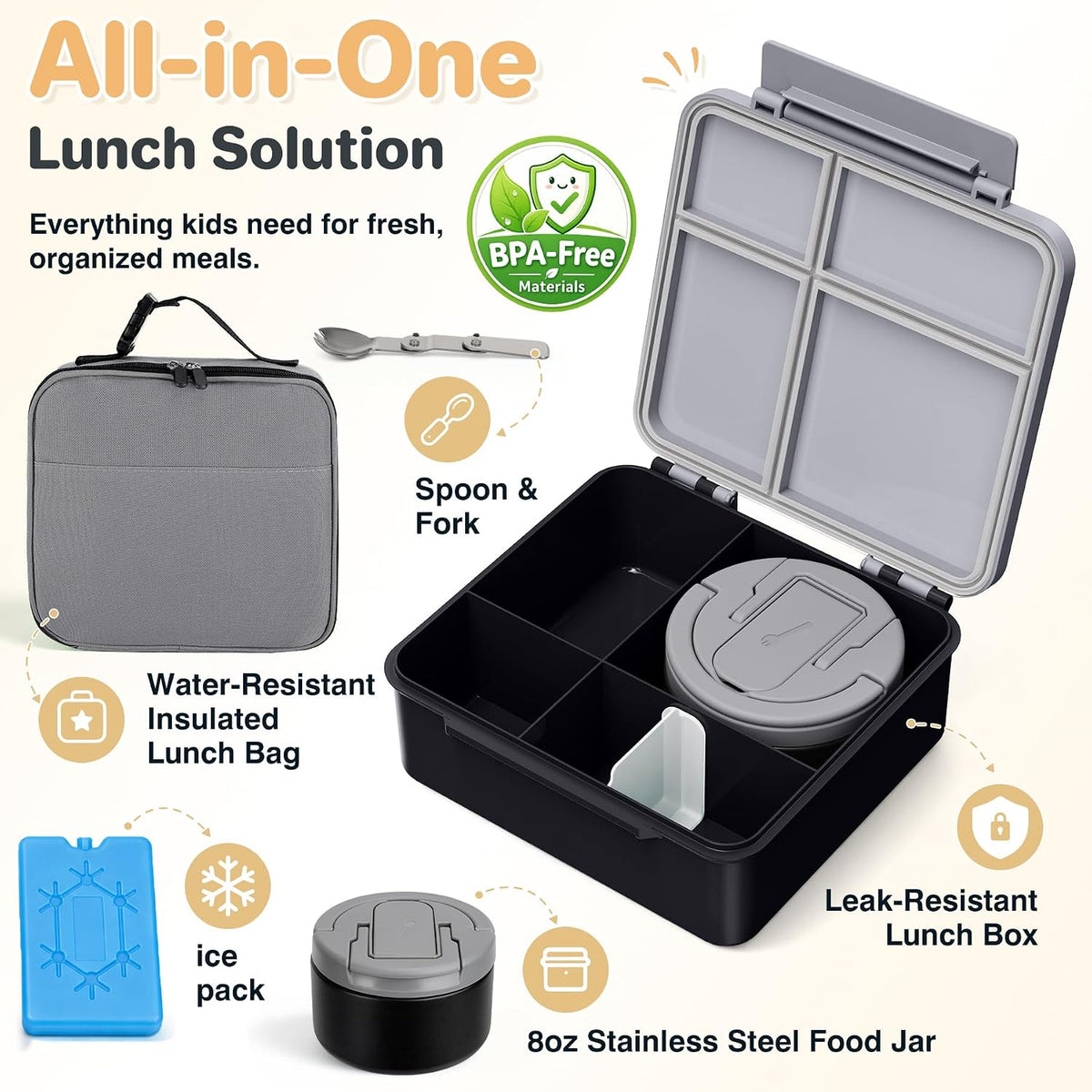 Bento Lunch Box with 8oz Soup Thermo,Kids Leakproof 4 Compartment Lunch Food Containers with Sauce Cup and Ice Pack,Kids Thermo Insulated Hot Food Jar and Lunch Bag for School,Trvael-Black