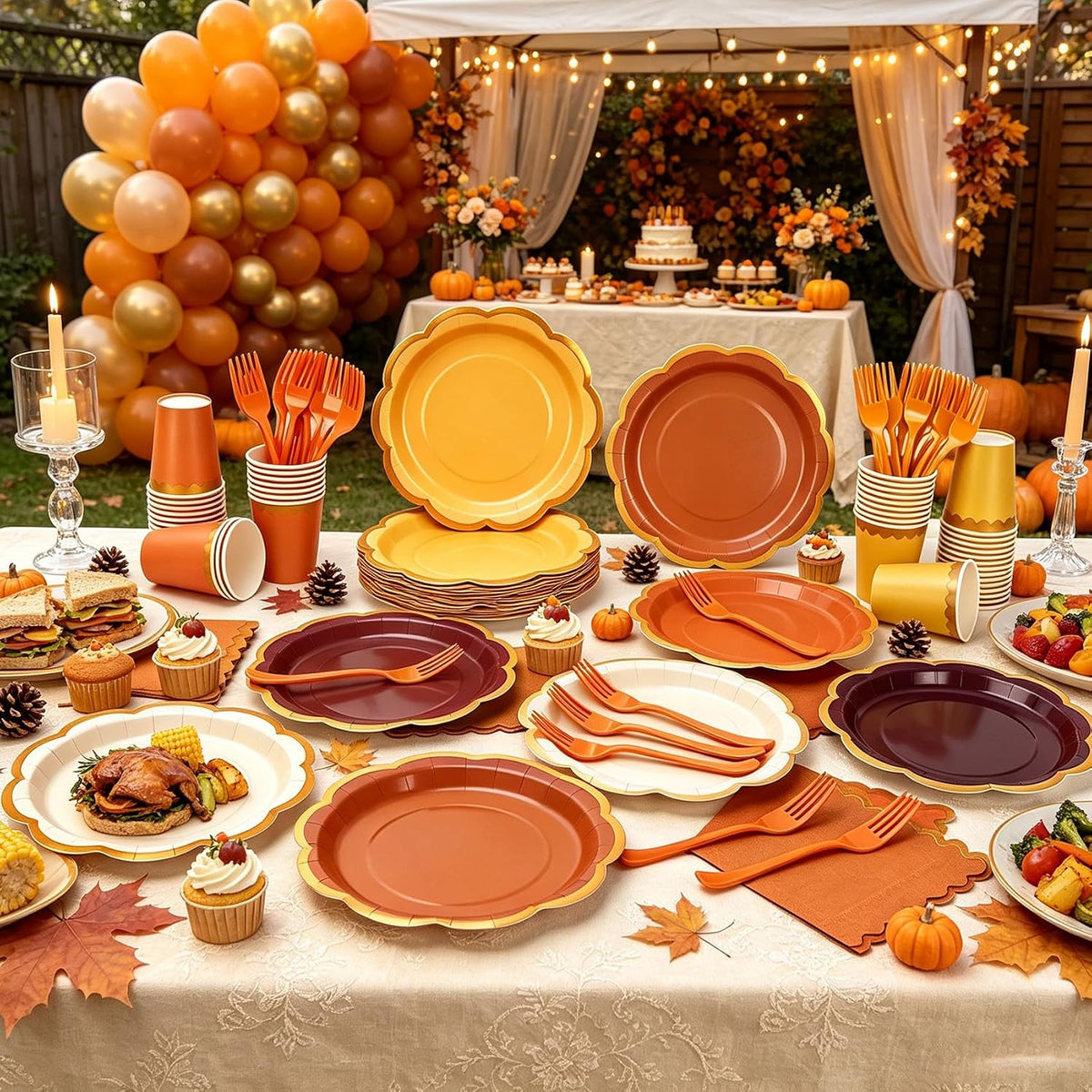 Orange Plates and Napkins Party Supplies for 48 Guests, Disposable 9’’ Gradient Scalloped Orange Fall Paper Plates Tableware Set for Fall Birthday, Harvest Party, Thanksgiving Decorations