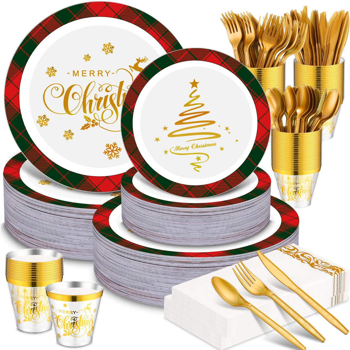 Layhit 175 Pcs Christmas Plastic Plates Dinnerware Set, Green Red