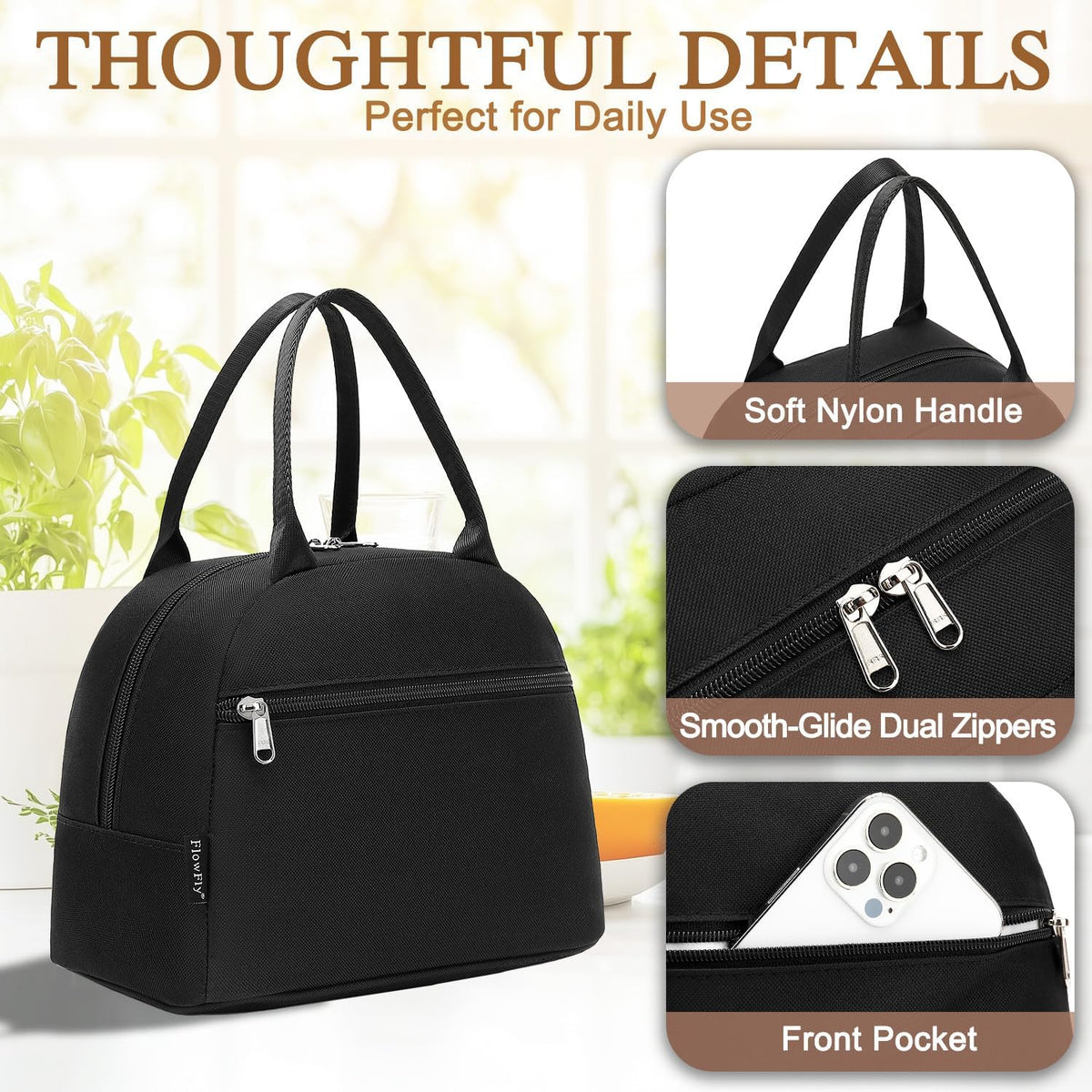 FlowFly Insulated Lunch Cooler Bag - Tote Bag Organizer for Women/Men, Black