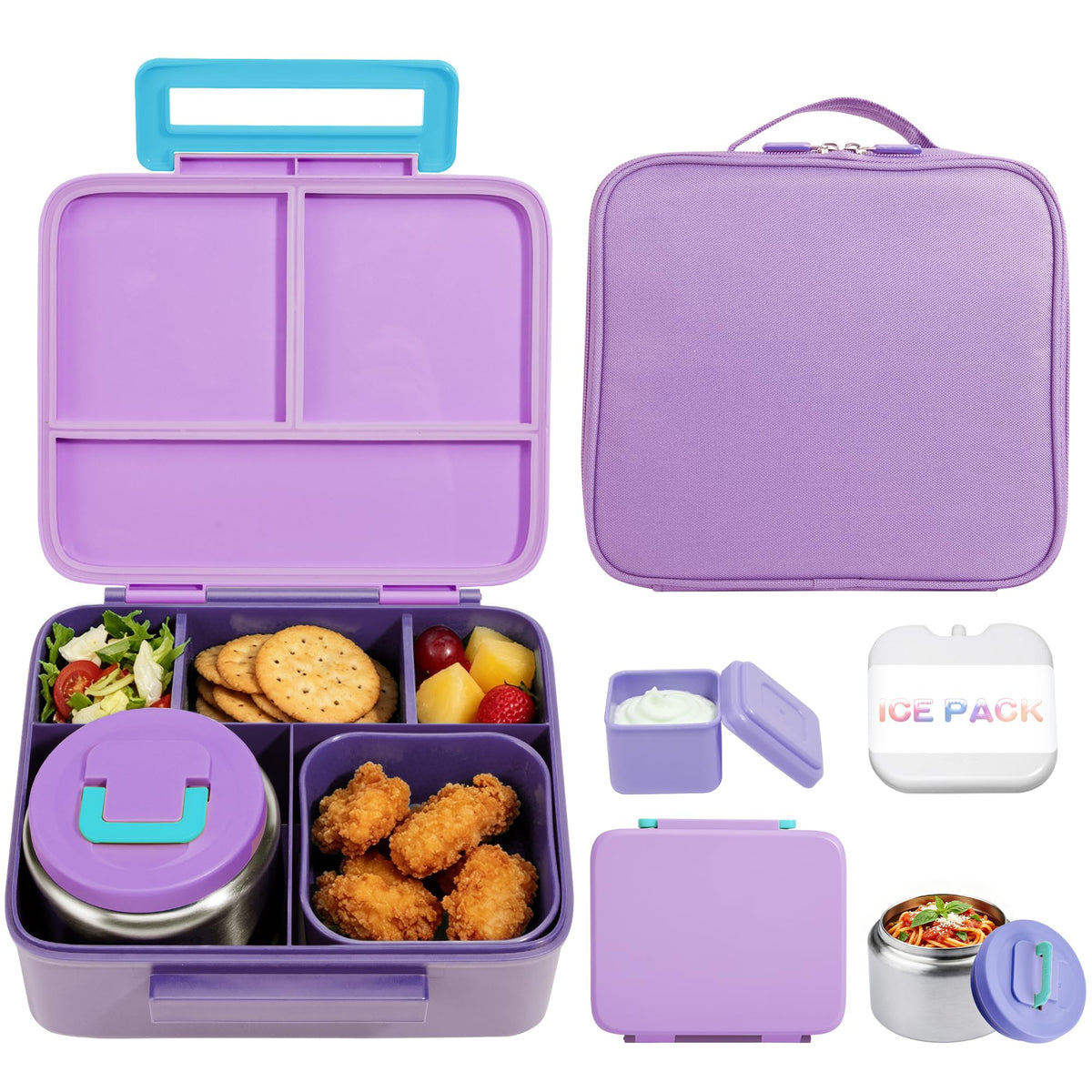 Bento Lunch Box for Kids with 8oz Soup Thermo Leak-Proof Lunch Food Containers with Snack Sauce Container for Kid Girls Boys to School,Blue Bag