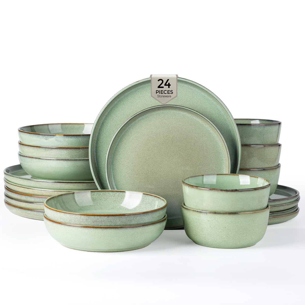 GBHOME Ceramic Dinnerware Sets for 8, 24 Pieces Stoneware Plates and Bowls Sets, Scratch Resistant Dishes, Dishwasher & Microwave Safe, Reactive Glaze-Green Wheat