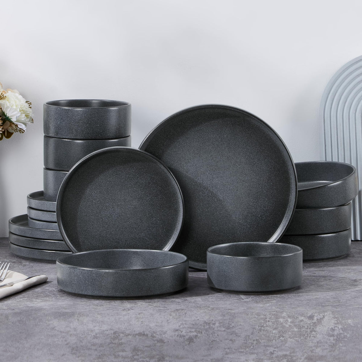 E-far Stoneware Dinnerware Sets, 12-Piece Black Plates and Bowls Set for 4