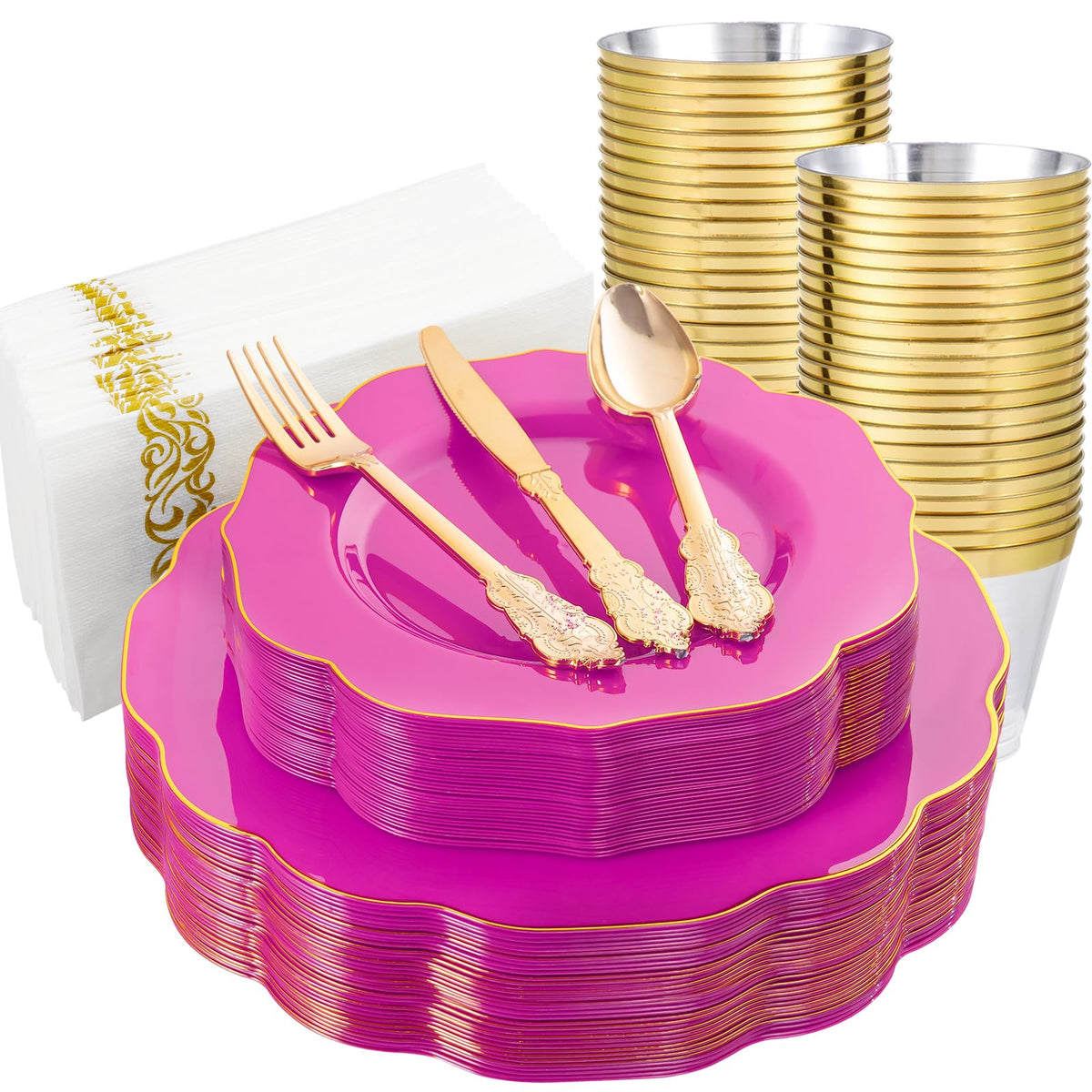 NOCCUR 175PCS Pink Plates with Gold Disposable Silverware - Include 50 Pink Plastic Plates,25 Knives,25 Forks,25 Spoons,25 Cups and 25 Napkins - Ideal for Party/Wedding/Banquet/Baby Shower